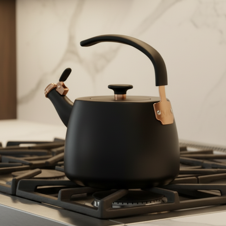 A Viking 2.6 Qt Stainless Steel Modern Teakettle, featuring a matte black body with elegant rose gold accents and a 3-ply base for induction compatibility, sits on a gas stove in a modern kitchen with a marble backsplash.