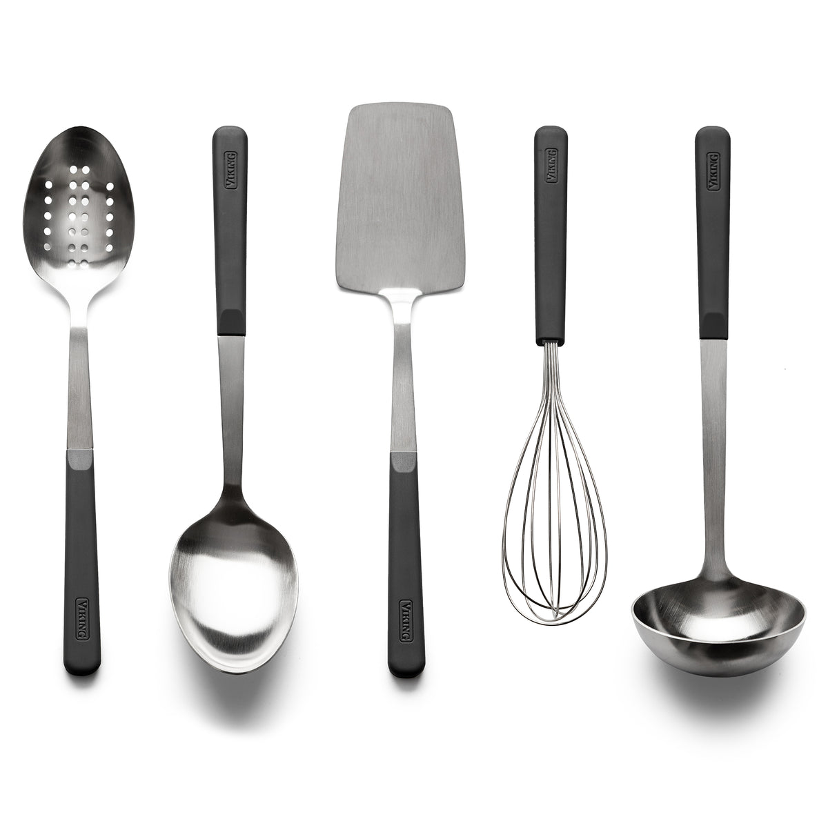 A Viking ABS Handle 5pc Tool Set, Black, including a stainless steel slotted spoon, serving spoon, turner, wire whisk, and ladle, all featuring black ergonomic handles.