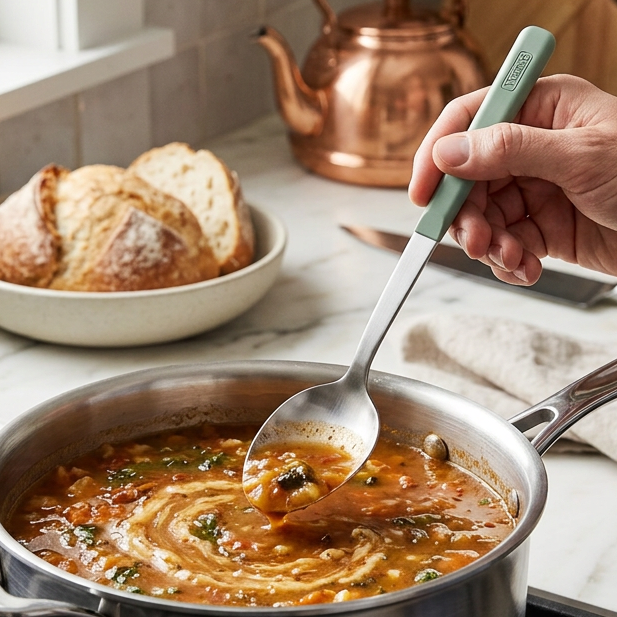 A hand uses a sage green spoon from the Viking ABS Handle 5pc Tool Set, Eucalyptus to lift vegetable soup from a pan.