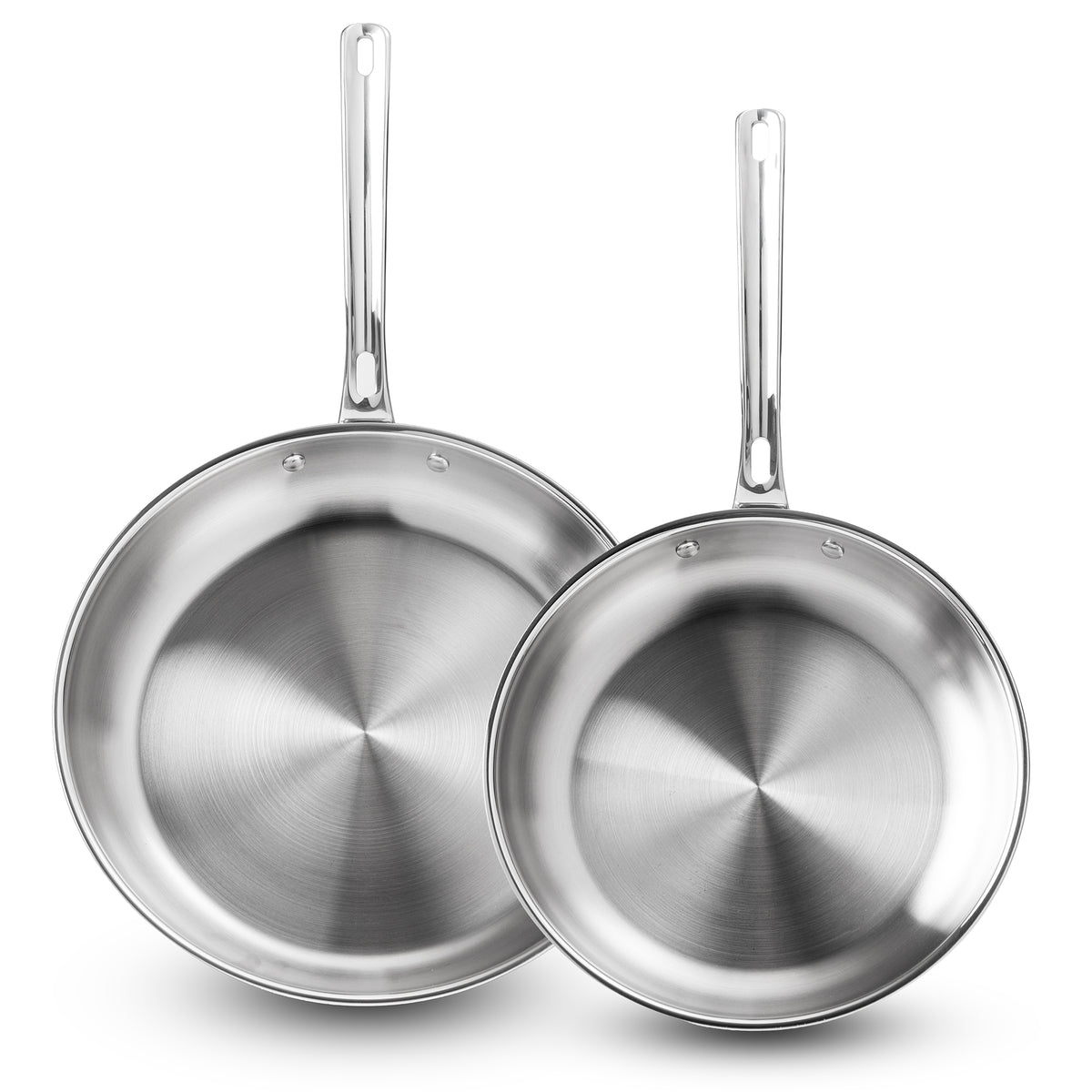 Two shiny Viking Artisan 3-Ply 2-Piece Fry Pan Set 10″ and 12″ by Viking Culinary Products are side by side on a white background, slightly overlapping and both induction compatible.