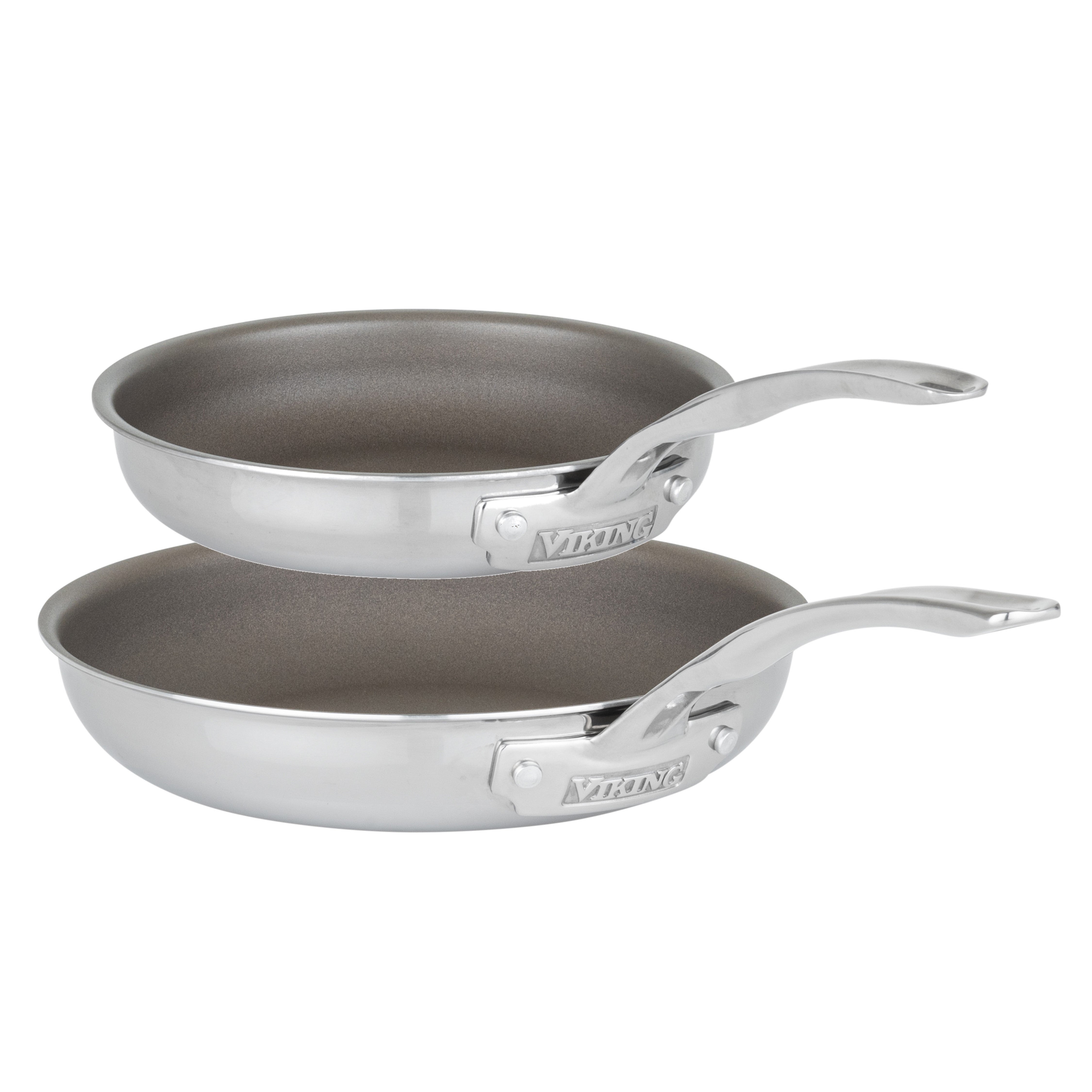 The Viking PureGlide Pro 3-Ply 2-Piece Fry Pan Set (9.5" and 11") from Viking Culinary Products features durable stainless steel with nonstick interiors and curved, engraved handles, combining quality and performance for easy cooking.
