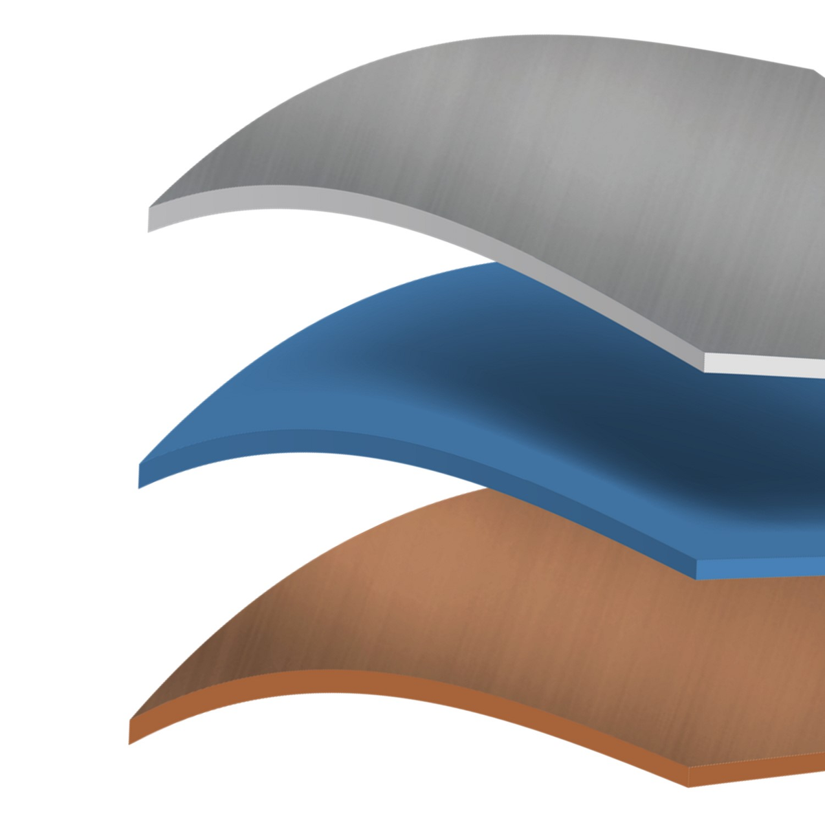 Three curved layers stacked with gaps in between: the top layer is metallic gray, the middle is blue, and the bottom is brown, all with a glossy, smooth texture on a white background.
