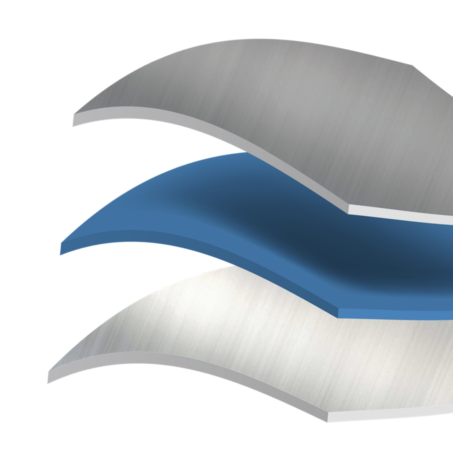 Three curved, layered shapes: a top and bottom layer with a brushed metal texture, and a smooth blue layer sandwiched in between, all set against a white background.