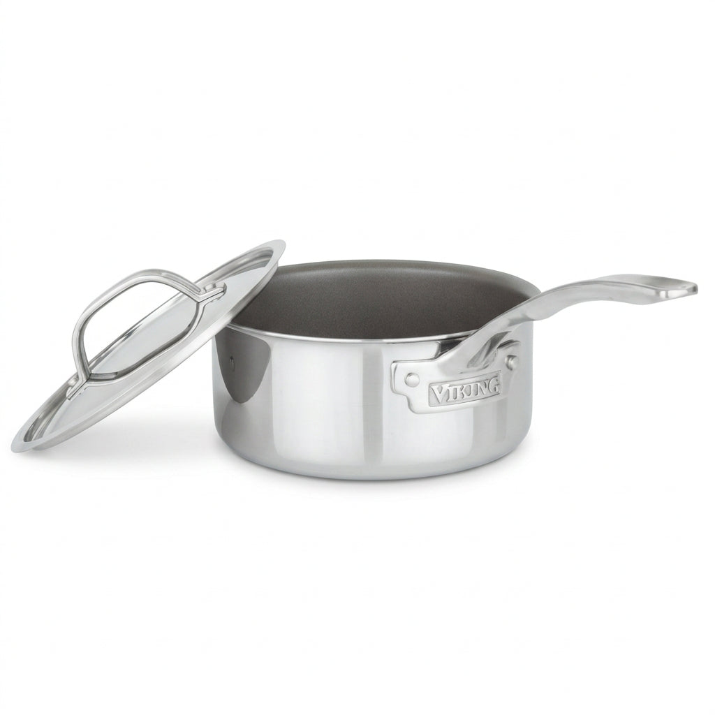 The Viking PureGlide Pro 3-Ply 2-Quart Sauce Pan from Viking Culinary Products features a matching metal lid, nonstick interior for healthy cooking, and a long handle embossed with “Viking.”.