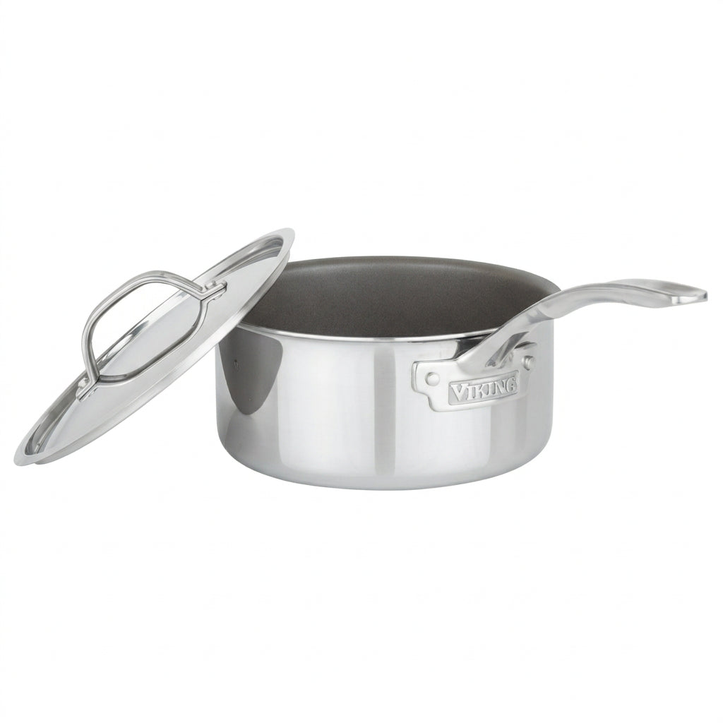The Viking Culinary Products PureGlide Pro 3-Ply 3-Quart Sauce Pan with metal lid features a sleek stainless steel design, long handle, and branded plate—an essential cookware piece for every modern kitchen.