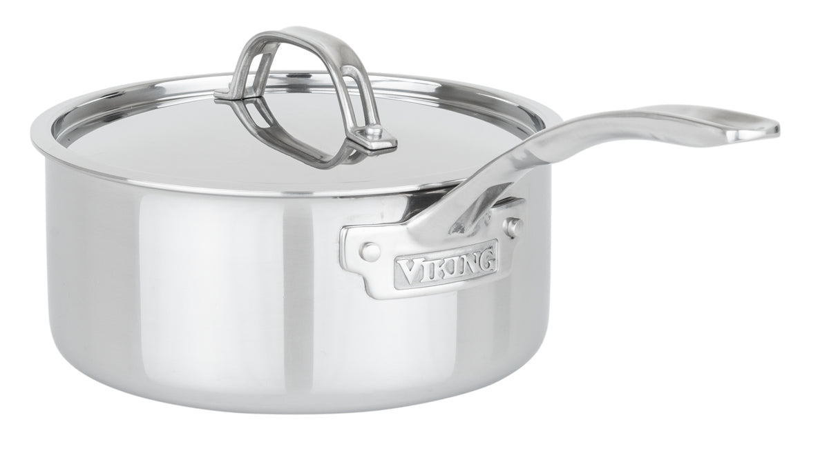 The Viking PureGlide Pro 3-Ply 3-Quart Sauce Pan with Metal Lid by Viking Culinary Products features stainless steel construction, a sturdy handle, and the brand name embossed on the side for exceptional performance and durability.