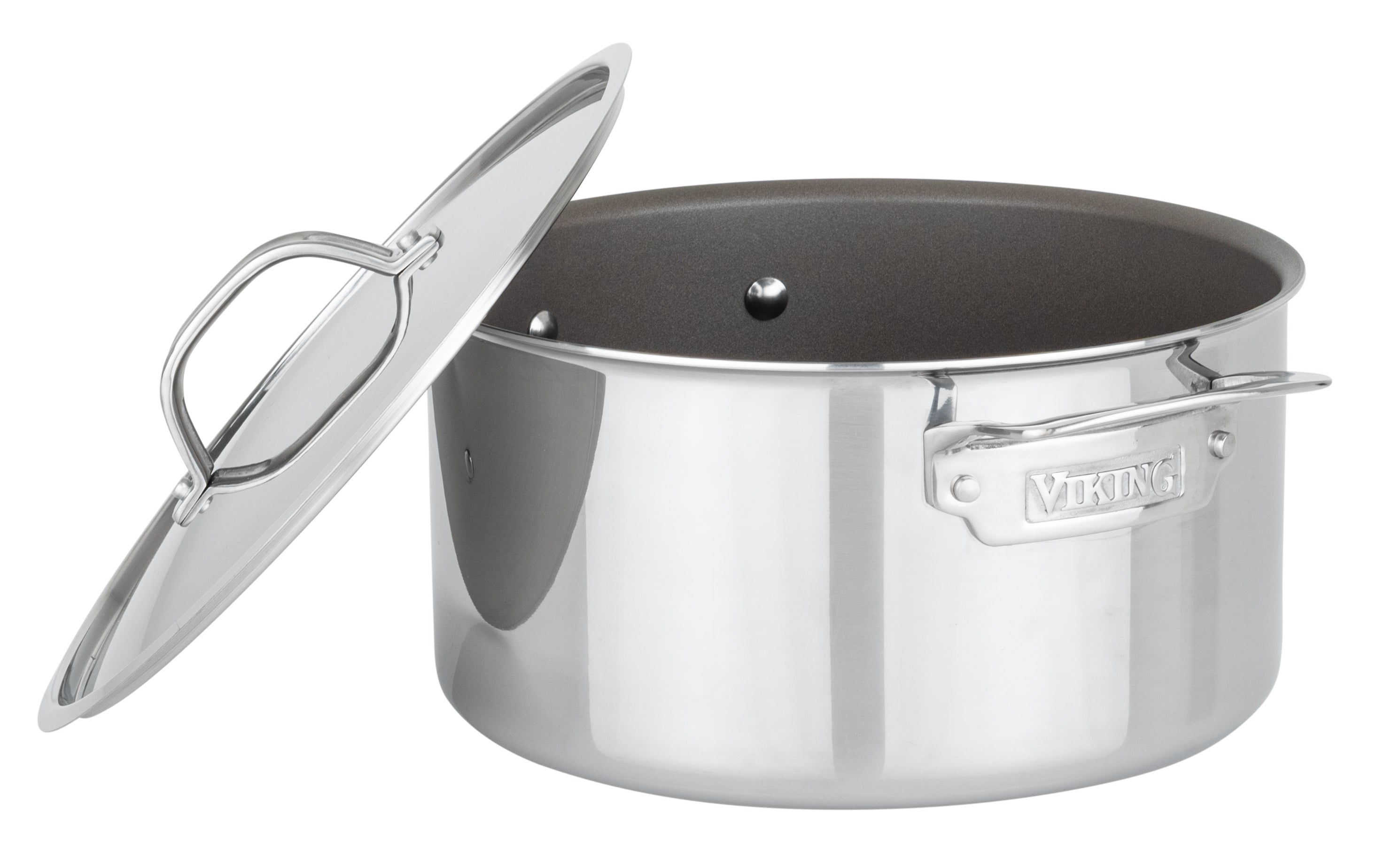 The Viking PureGlide Pro 3-Ply 6-Quart Dutch Oven from Viking Culinary Products features side handles, a matching metal lid, a front label, and a clean nonstick interior.