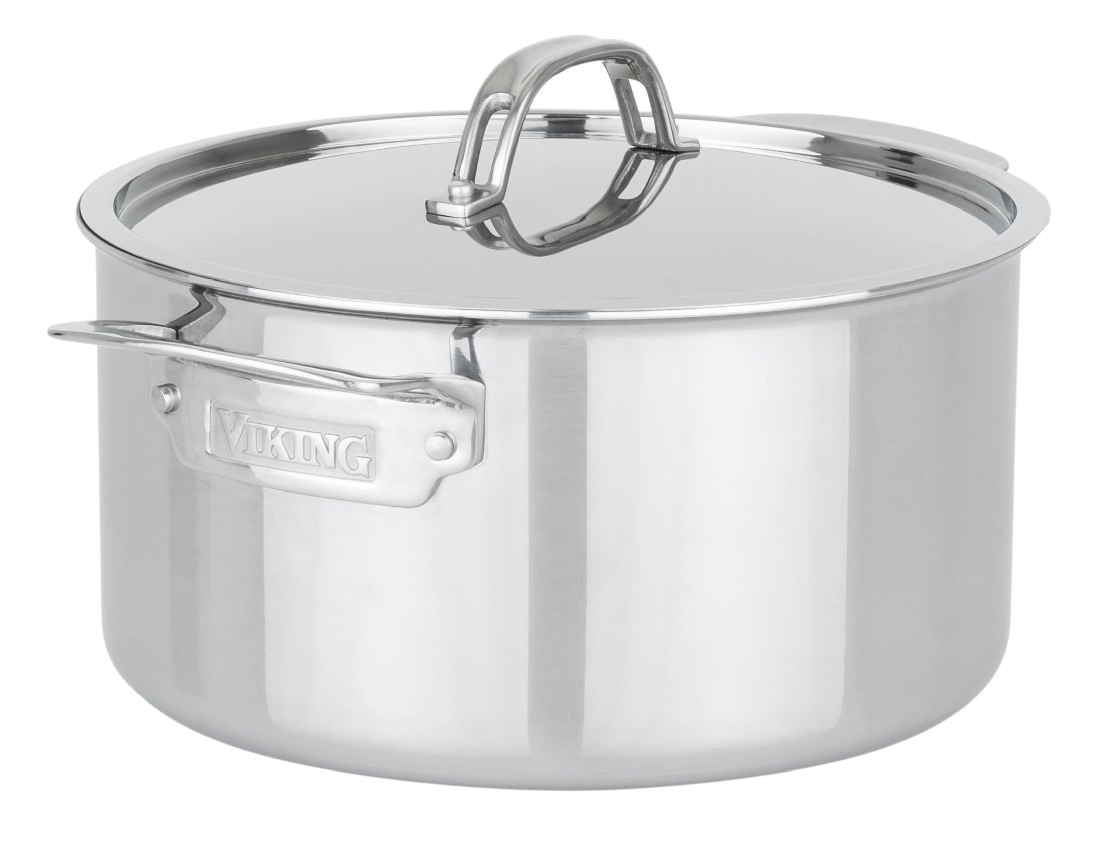 The Viking PureGlide Pro 3-Ply 6-Quart Dutch Oven by Viking Culinary Products features a shiny stainless steel body, metal lid, long and short handles, and the brand name engraved on the side handle.