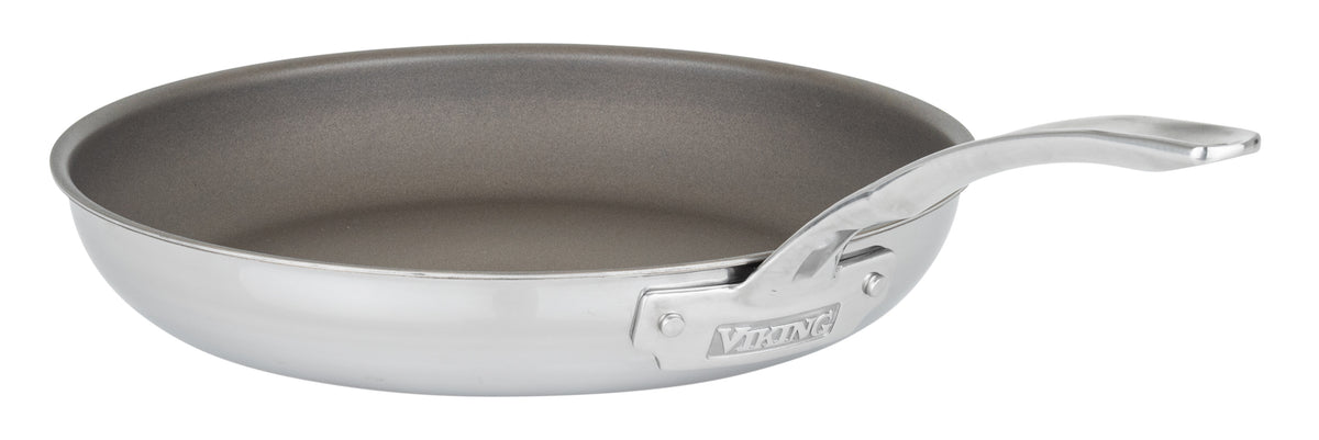 The Viking Culinary Products PureGlide Pro 3-Ply 12 Inch Fry Pan is shown on a white background, featuring a stainless steel body, metal handle, and smooth nonstick interior for healthy cooking.