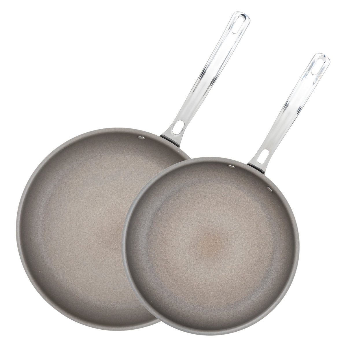 The Viking Culinary Products PureGlide Pro 3-Ply 2-Piece Fry Pan Set (9.5" and 11") features two stainless steel nonstick pans with metallic handles, overlapping on a white background to showcase their sleek, gray cooking surfaces and premium design.