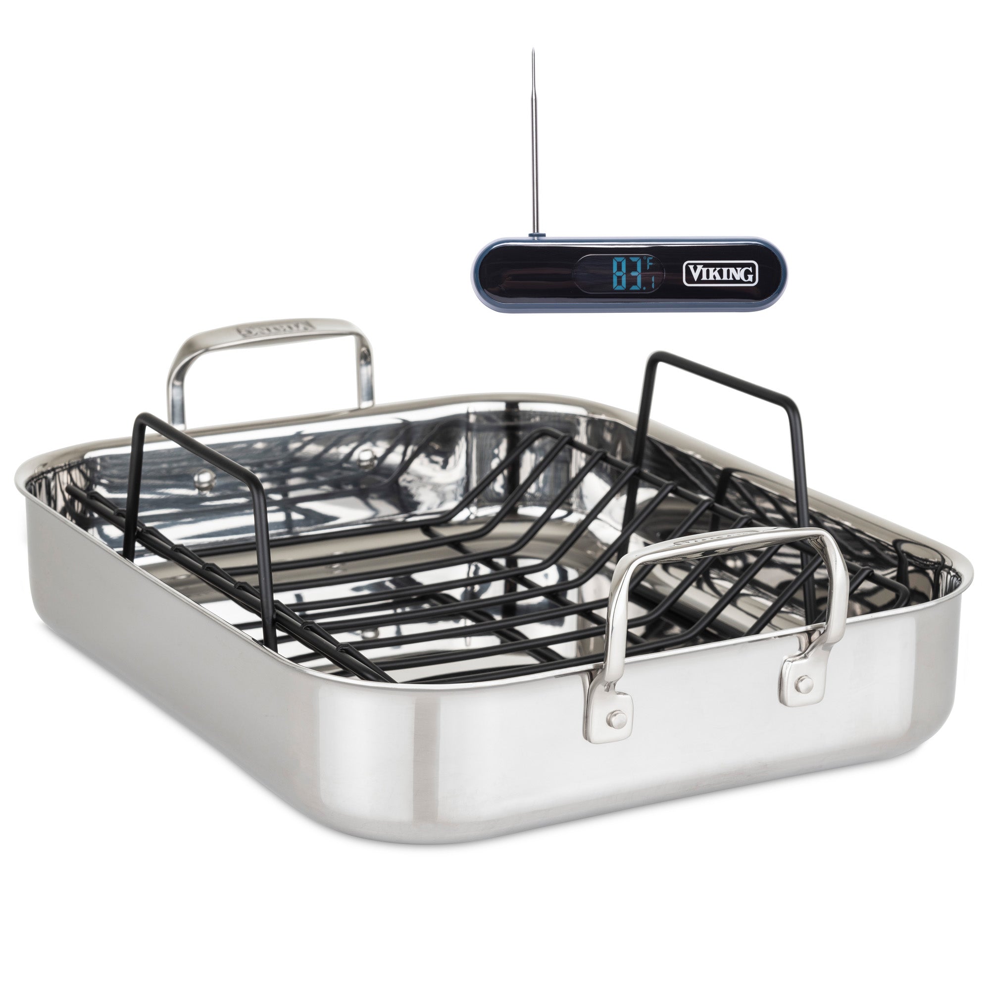 The Viking 3-Ply Stainless Steel Roaster with Rack from Viking Culinary Products is shown with its bonus digital thermometer reading 87°F.