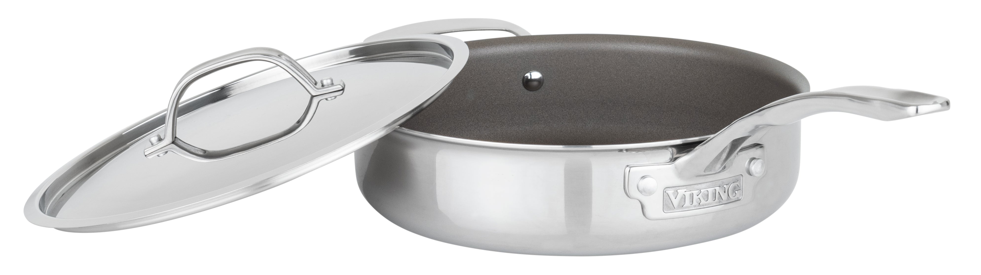 The Viking Culinary Products PureGlide Pro 3-Ply 4.5-Quart Sauté Pan features stainless steel construction, a nonstick easy-clean interior, long handle, and metal lid resting to the side. The Viking brand name is visible on the pan.