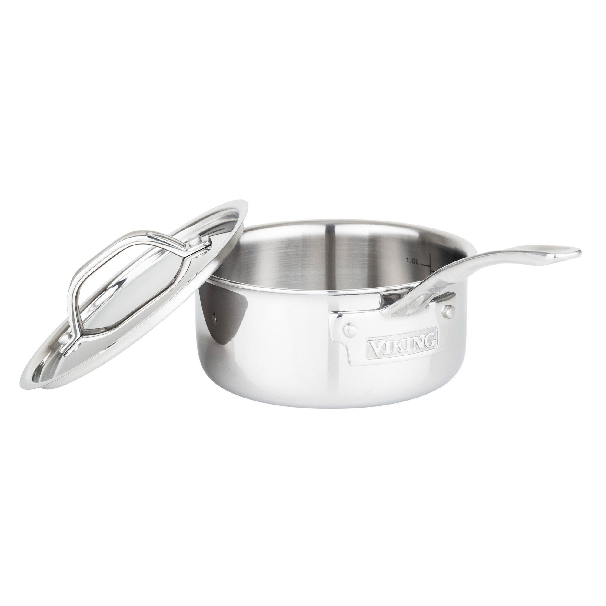 The Viking 3-Ply Stainless Steel 10-Piece Cookware Set by Viking Culinary Products features metal lids, durable construction, and a sleek design with branded handles. Compatible with all cooking surfaces, it combines style and performance.