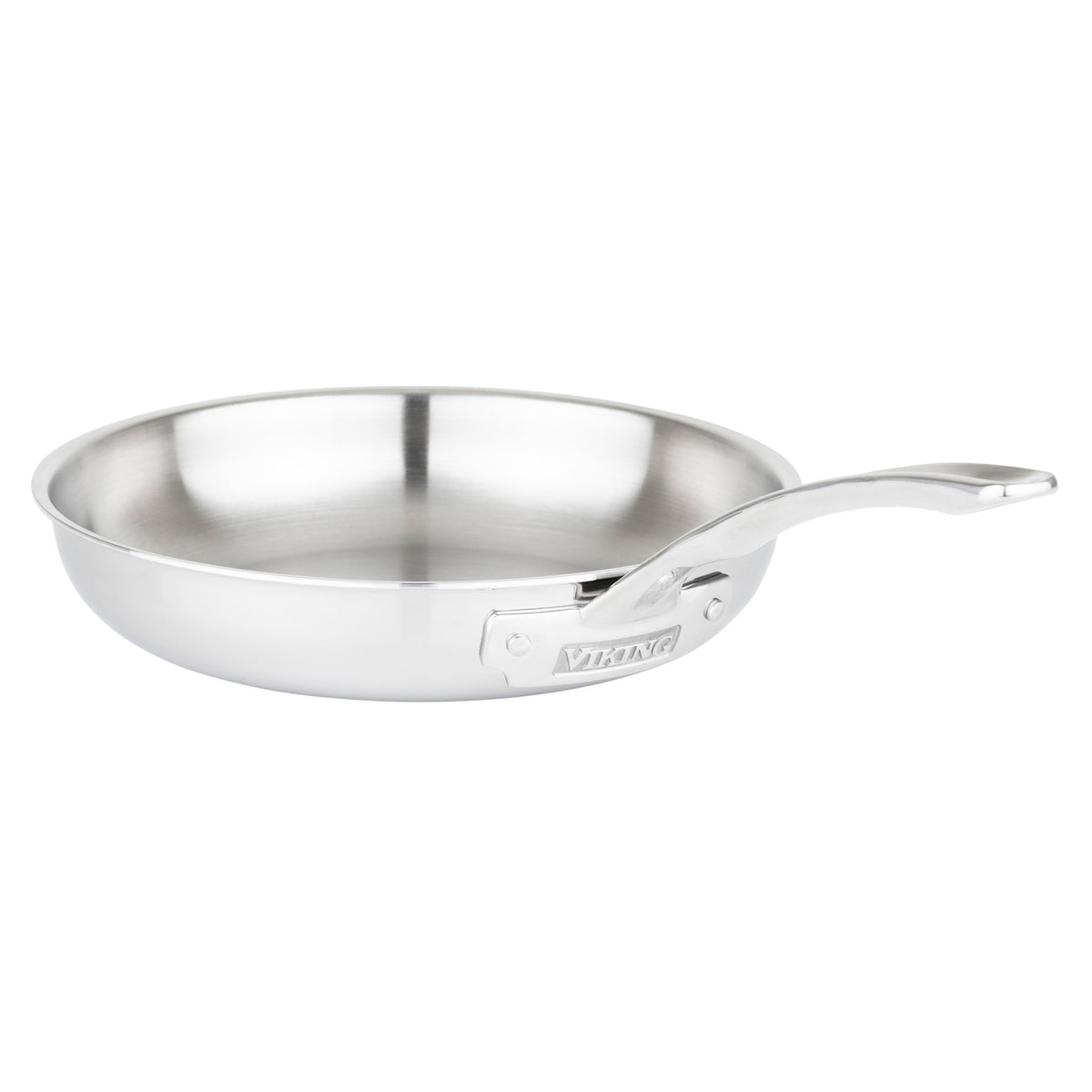 The Viking Culinary Products 3-Ply Stainless Steel 10-Piece Cookware Set with metal lids features a shiny finish, long curved handles, and is compatible with all cooking surfaces, shown resting flat on a white background.