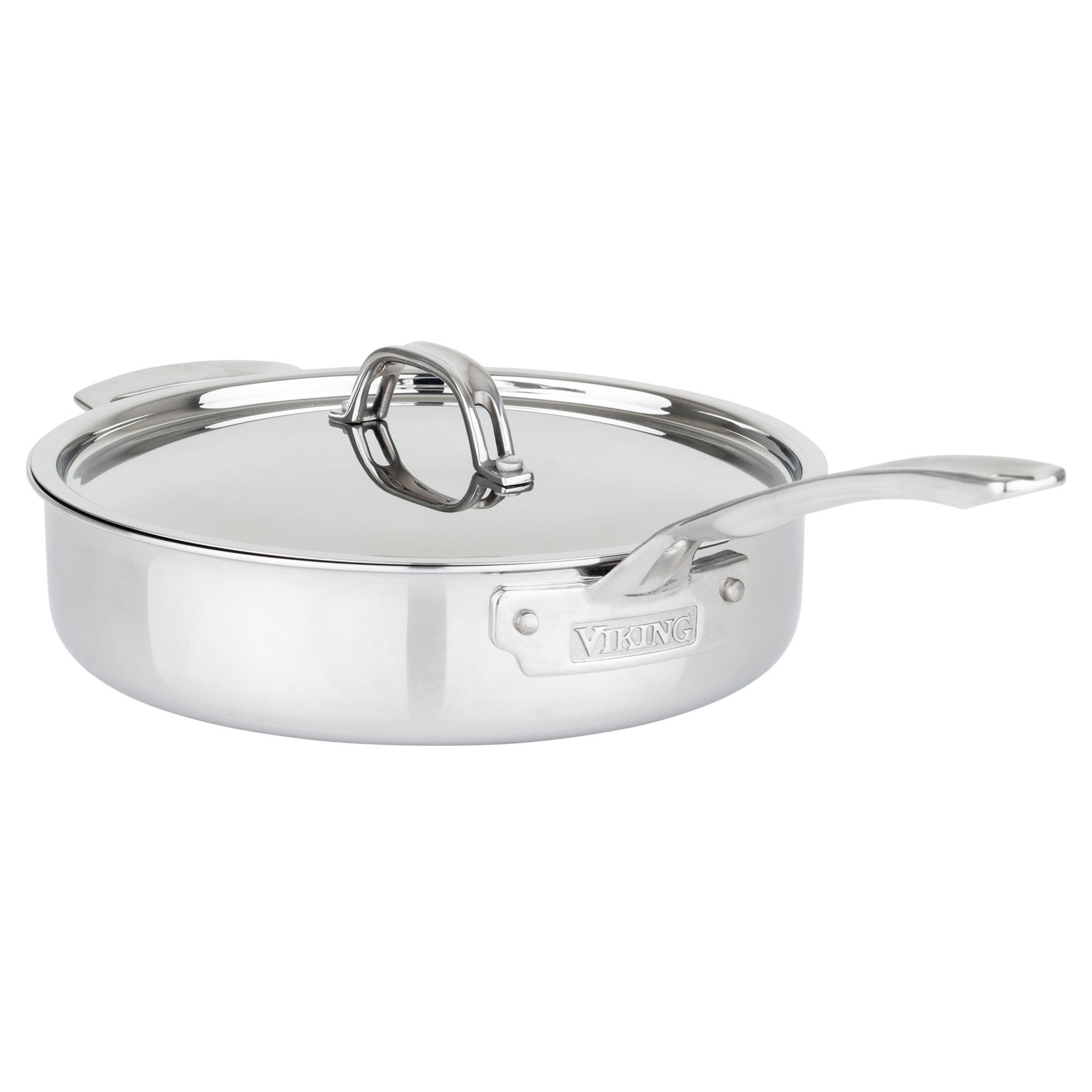 The Viking Culinary Products 3-Ply Stainless Steel 10-Piece Cookware Set features metal lids, a shiny modern design, and is compatible with all cooktops. Durable and stylish, each piece displays the Viking name on the side.