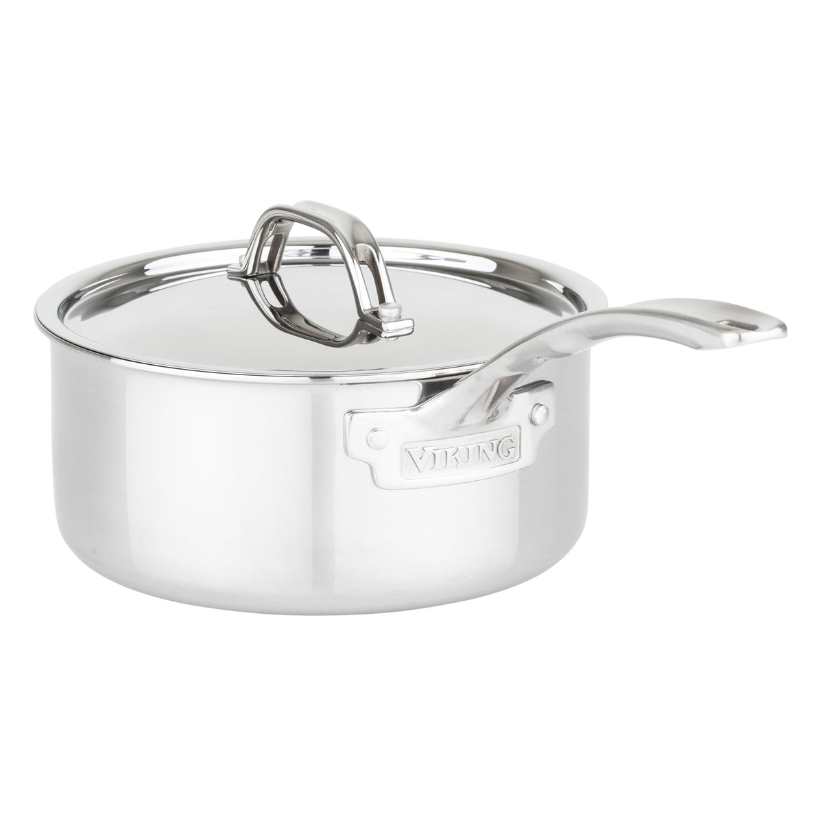The Viking Culinary Products 3-Ply Stainless Steel 10-Piece Cookware Set features metal lids, long handles, and the Viking logo on a side plate. Its 3-ply construction ensures even heating and compatibility with all cooking surfaces.