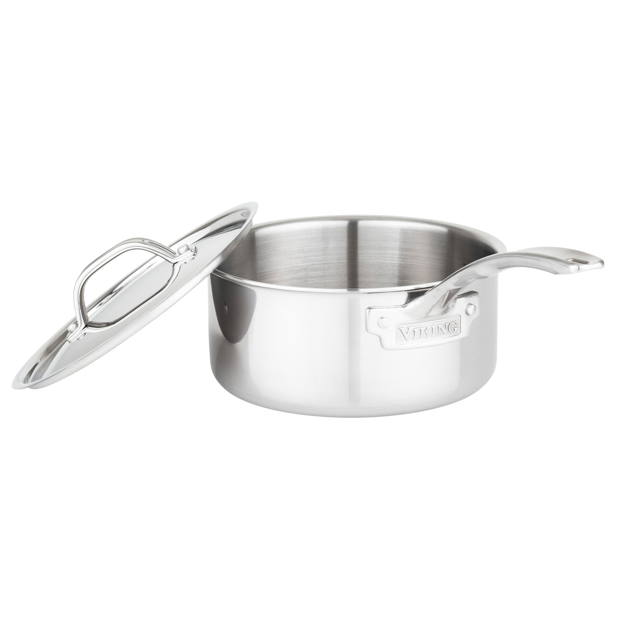 A Viking Culinary Products 3-Ply Stainless Steel saucepan with a long handle and angled metal lid shines with polished surfaces, its brand name visible on the side, from the Viking 10-Piece Cookware Set.