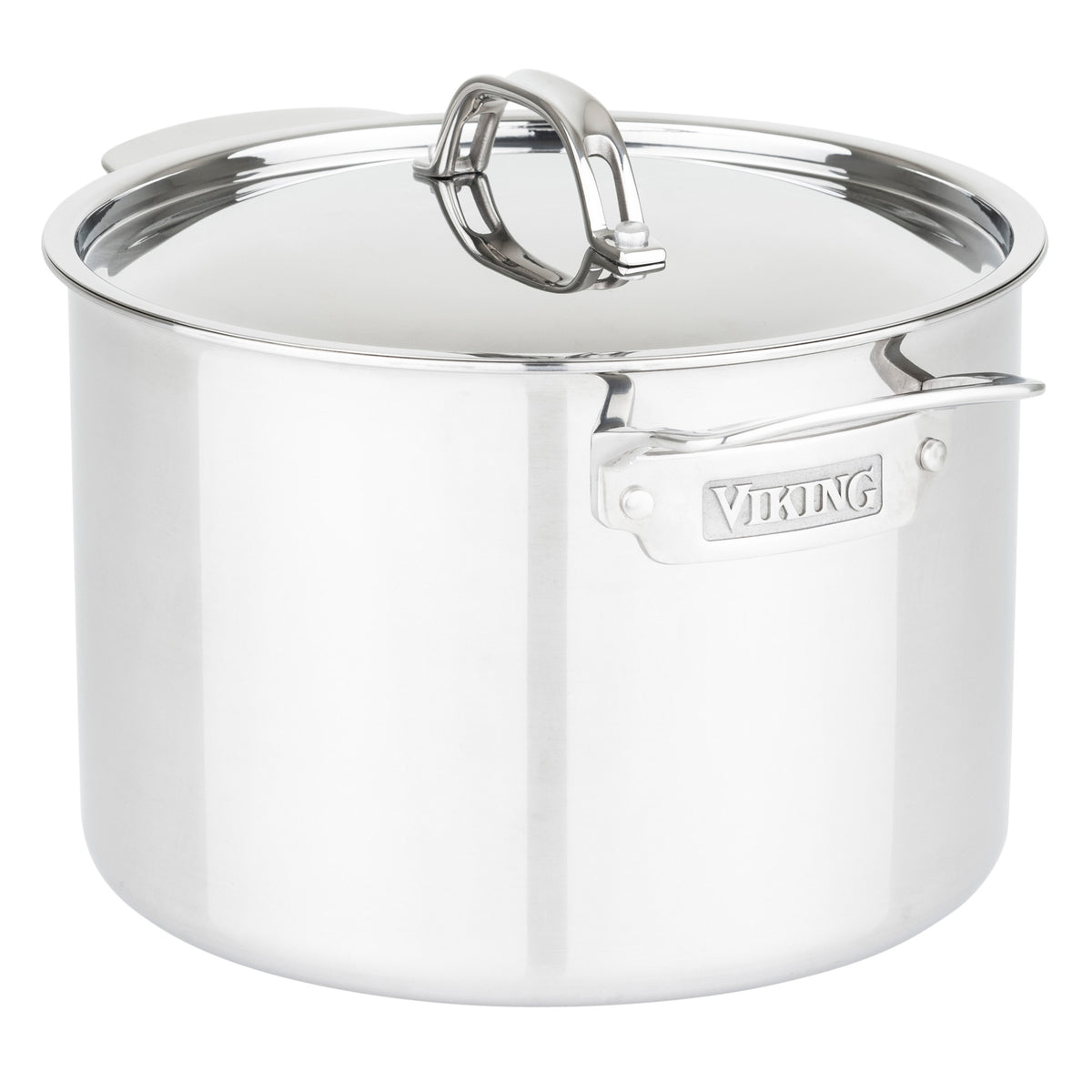 The Viking Culinary Products 3-Ply Stainless Steel 10-Piece Cookware Set features durable metal lids and sturdy handles, suitable for all cooking surfaces. Crafted with premium materials, it’s shown on a plain white background.