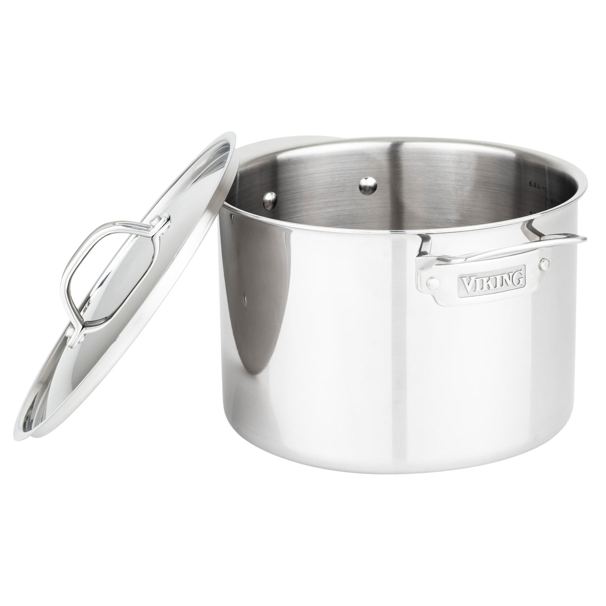The Viking 3-Ply Stainless Steel 10-Piece Cookware Set by Viking Culinary Products features two handles, metal lids, and works on all cooking surfaces. The shiny pots handle is engraved with the brand name; its interior is clean and empty.