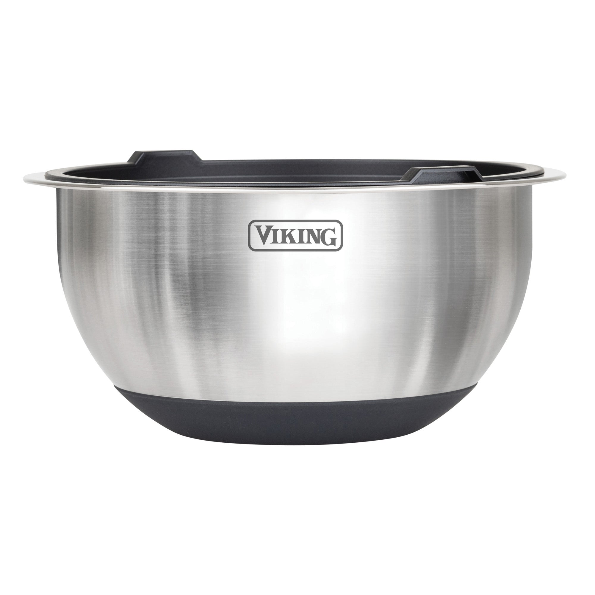 The Viking Culinary Products 8-Piece Stainless Steel Mixing Bowl Prep Set with Strainer and Cutting Lid in black features non-slip bases, black rims, and the Viking logo on each bowl. Ideal for versatile kitchen prep and pairing with lids.