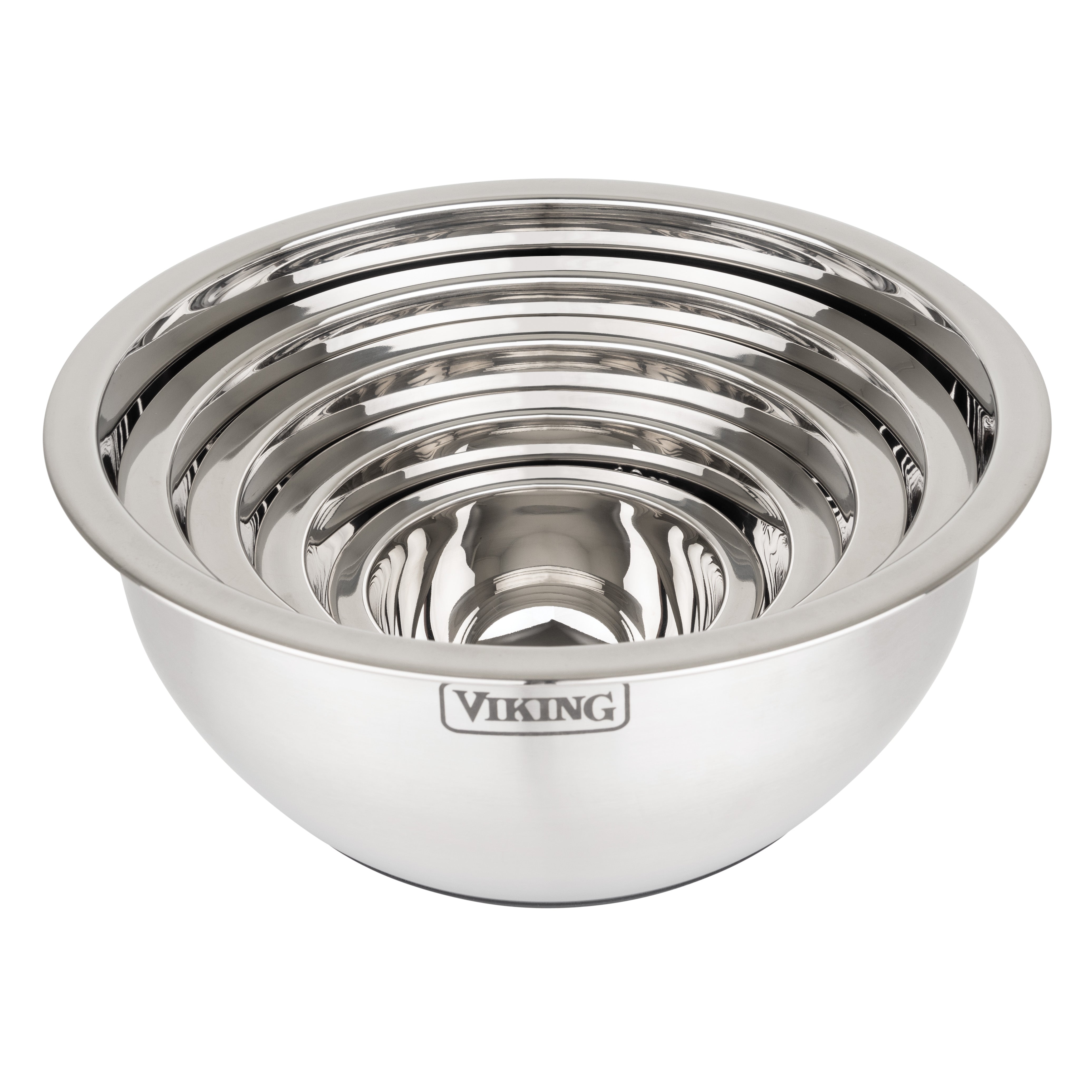 Four stainless steel mixing bowls, nested inside each other, with a shiny, reflective surface. The outermost bowl features the Viking brand logo on the side.