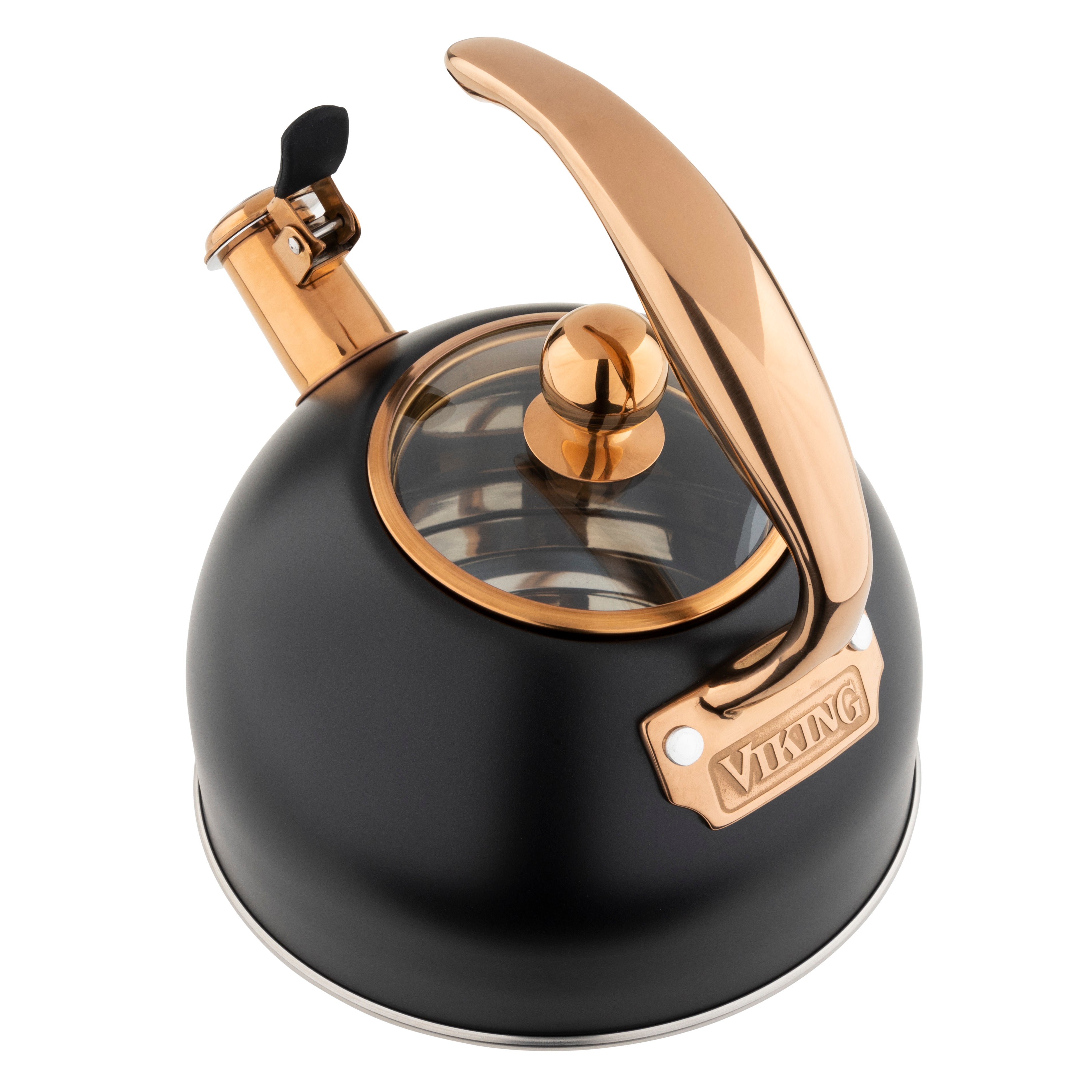 A black tea kettle with copper-toned handle, spout and lid, featuring a glass top and the brand name Viking engraved on a metal plate.