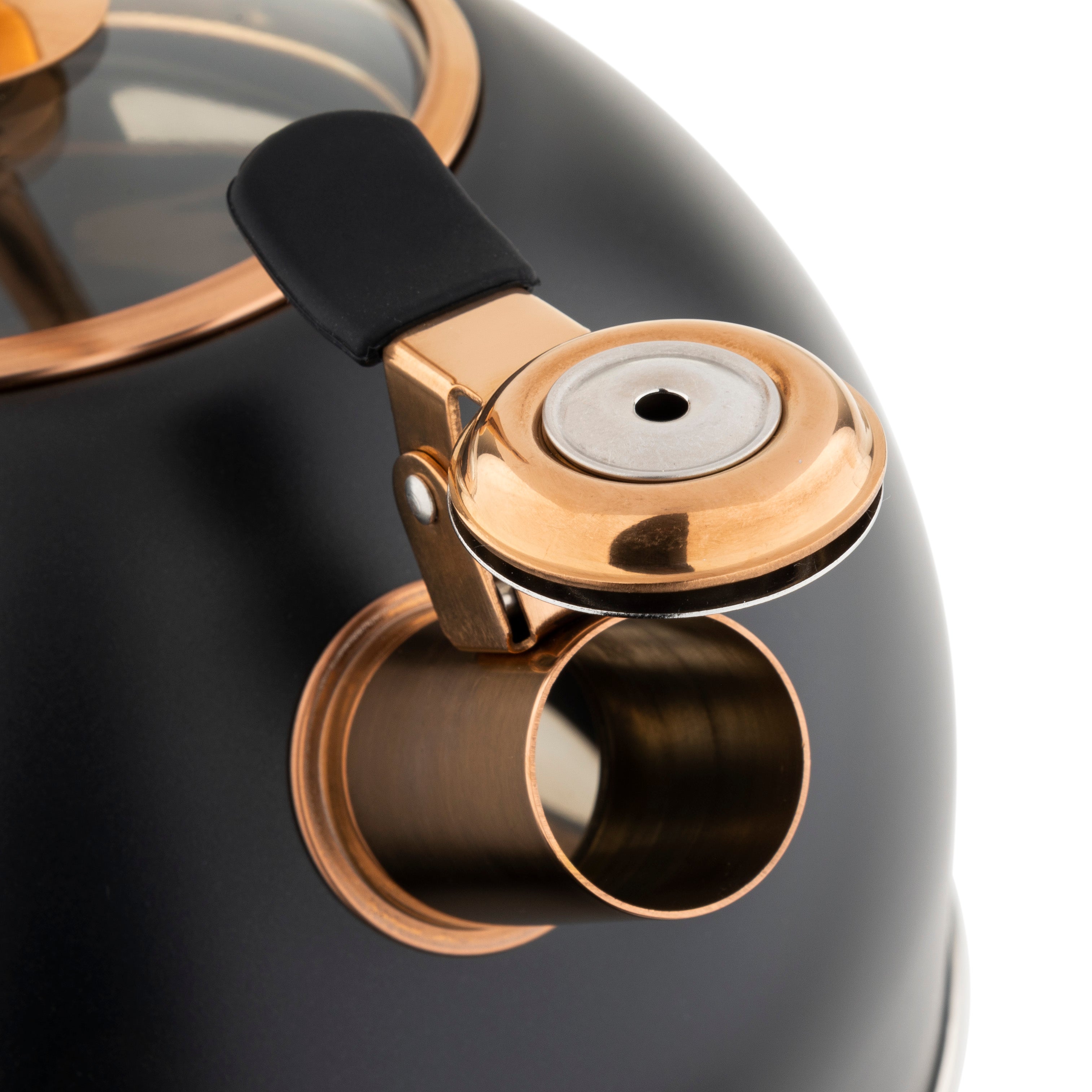 Close-up of a black and copper kettle spout with a lid, showing sleek metallic details and a modern design.
