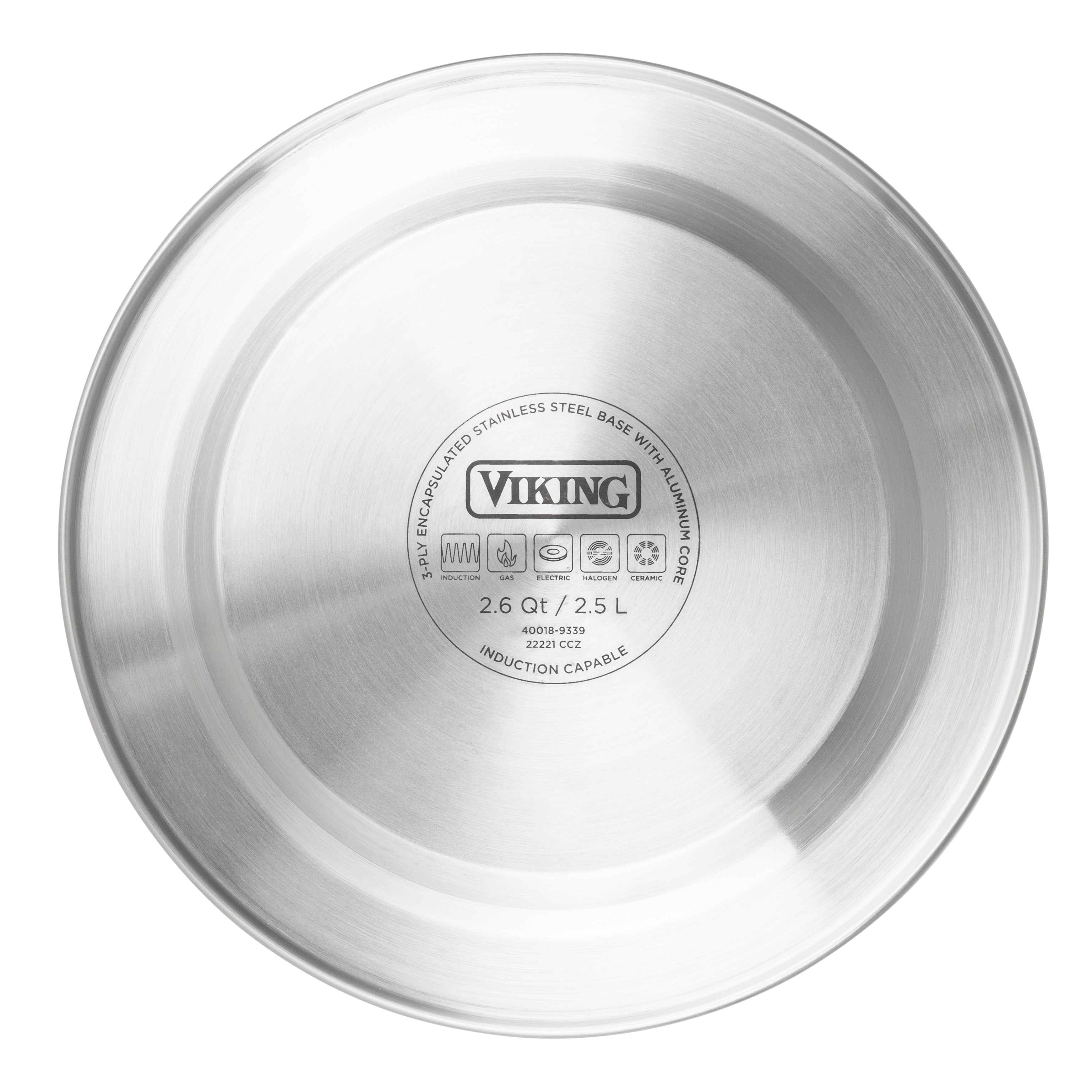 The bottom of a stainless steel Viking cookware pan, showing engraved branding and specifications indicating its 2.6 quarts (2.5 liters) and induction capable.