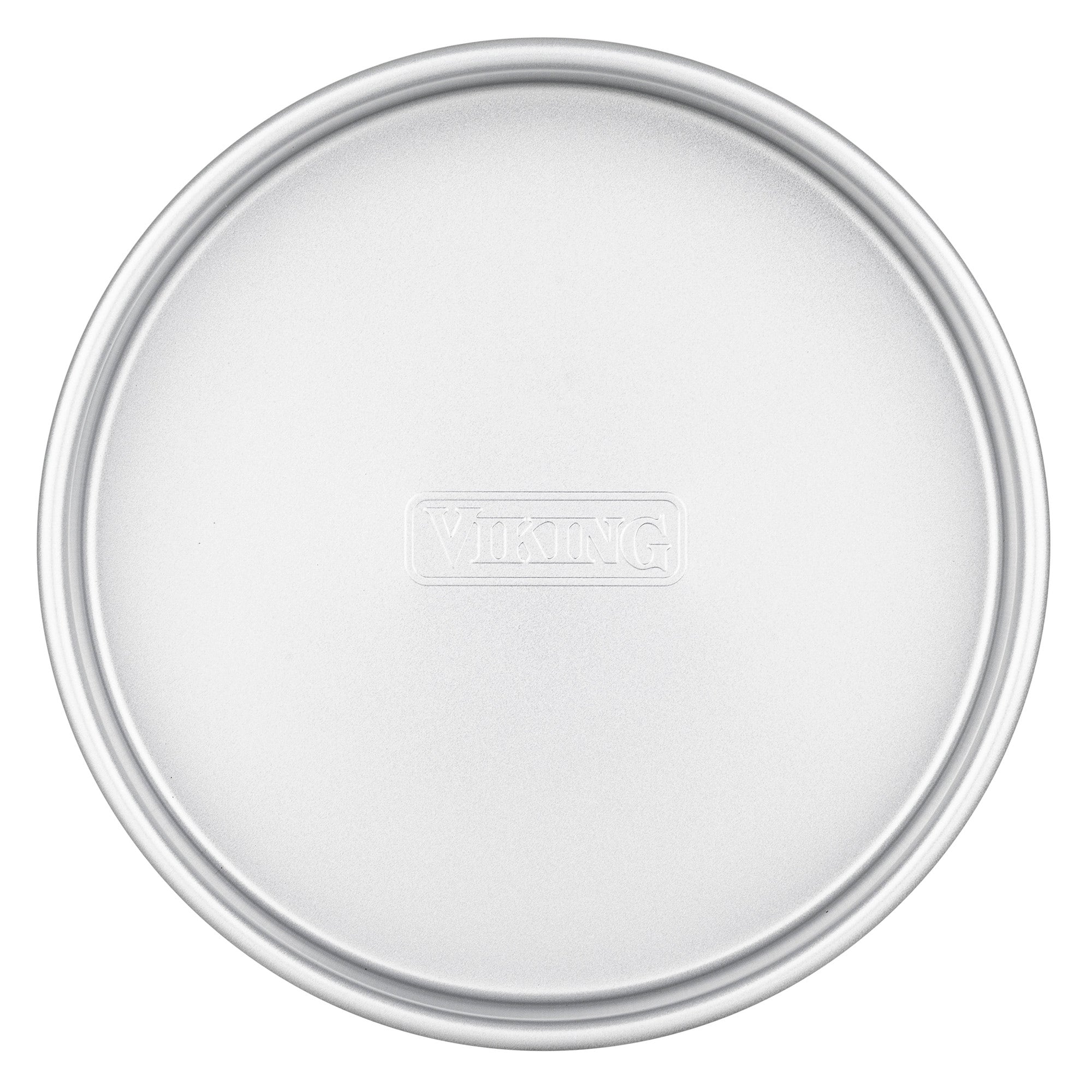 The Viking Aluminized Steel Nonstick 9-inch Round Cake Pan from Viking Culinary Products features a raised edge, a silver finish, and “VIKING” embossed in the center. It is crafted from durable aluminized steel.