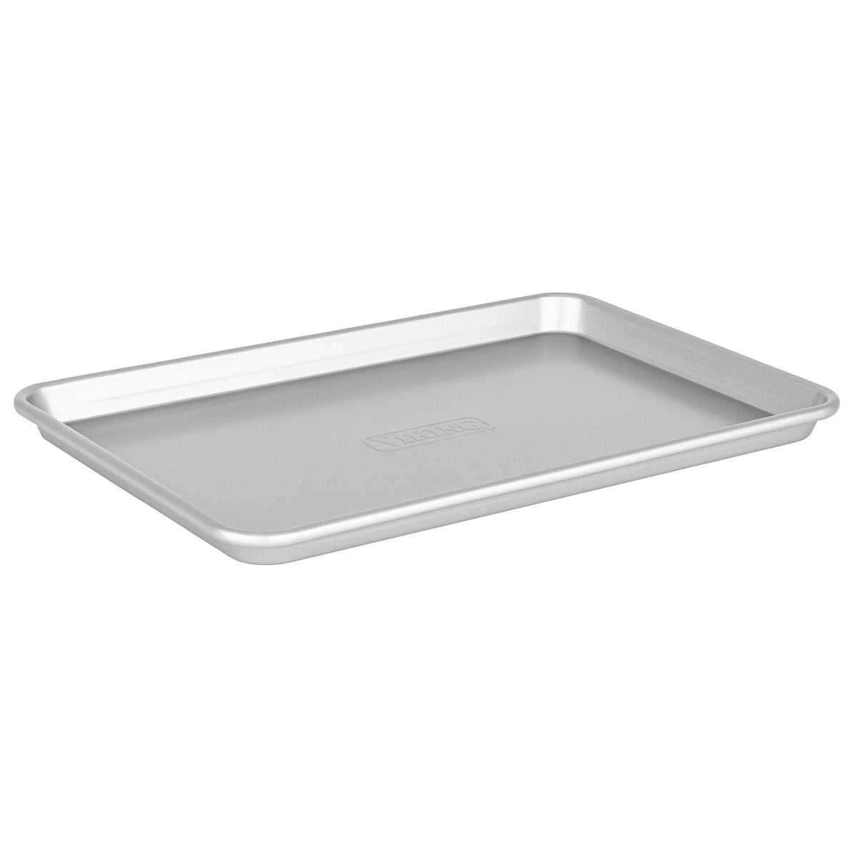The Viking Aluminized Steel Nonstick 15-inch Baking Sheet with Rack by Viking Culinary Products is a silver, rectangular pan with raised edges and a flat surface, shown on a white background.