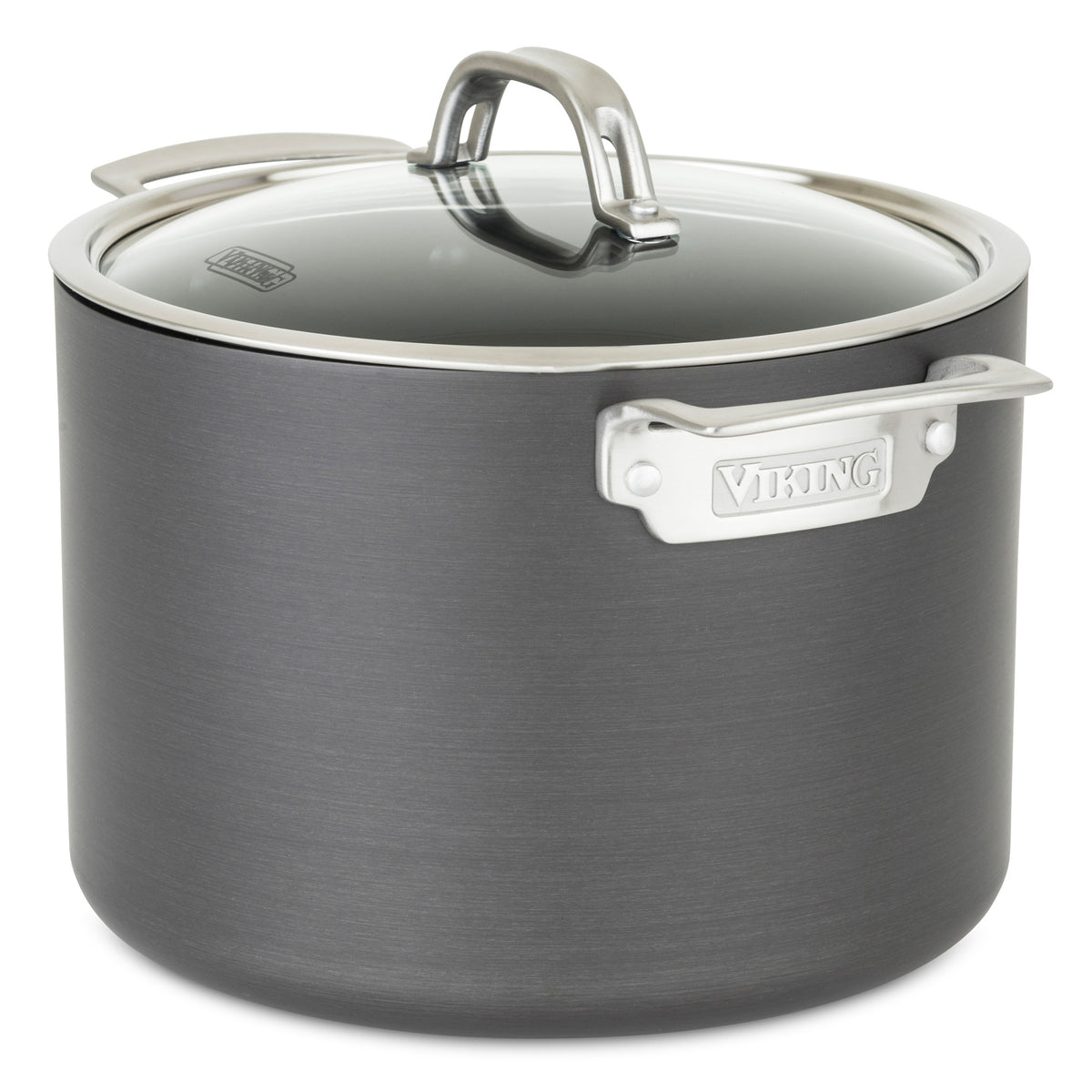 The Viking Hard Anodized Nonstick 15-Piece Cookware Set by Viking Culinary Products includes durable, induction-ready pots with modern brushed finishes and stylish glass lids, perfect for those seeking quality nonstick cookware.
