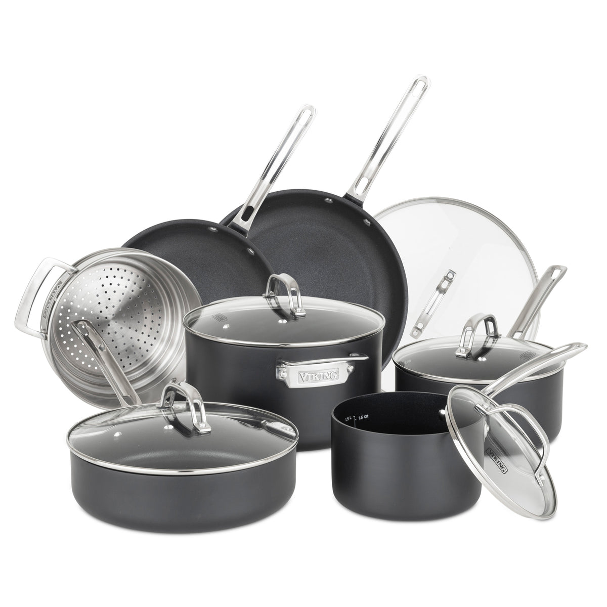 The Viking Hard Anodized Ceramic Nonstick 12pc Cookware Set by Viking Culinary Products includes frying pans, saucepans, a stockpot, lids, and metal steamer insert with metal handles—all PFAS free and shown on a white background.