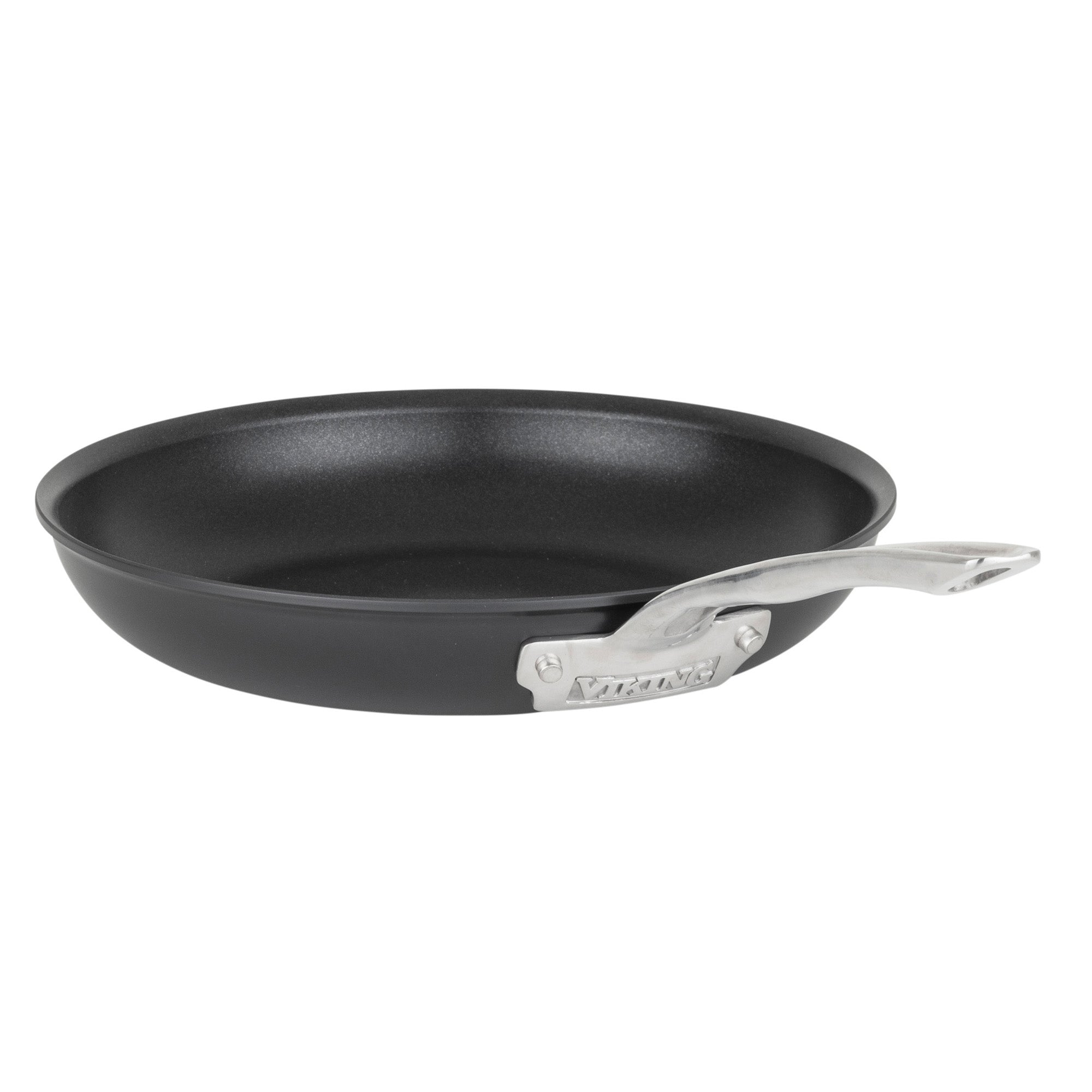 The Viking Hard Anodized Ceramic Nonstick 12pc Cookware Set by Viking Culinary Products features a black frying pan with a silver handle. PFAS free, it ensures safer cooking and versatile use, shown on a white background.