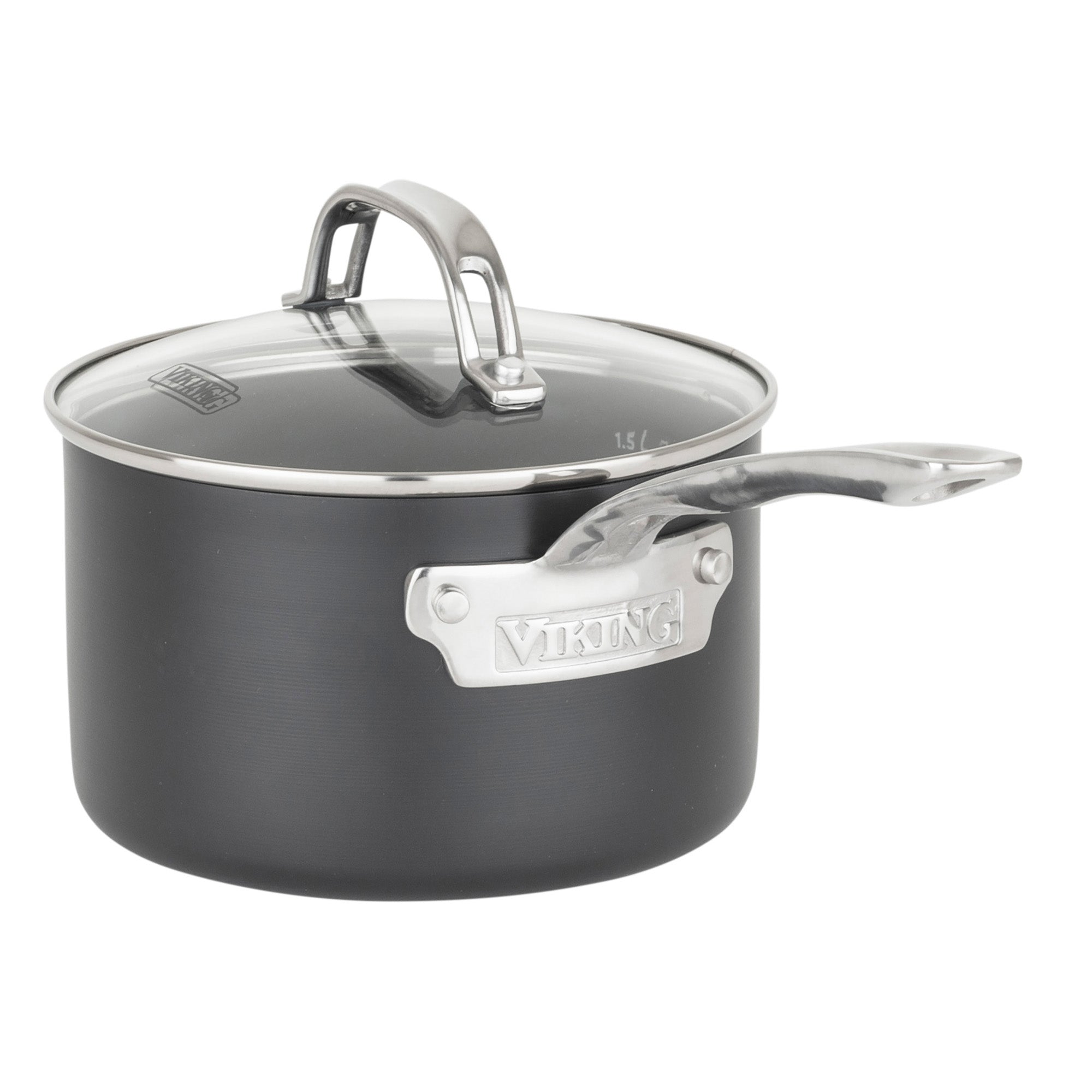The Viking Culinary Products Hard Anodized Ceramic Nonstick 12pc Cookware Set includes a black saucepan with glass lid, long silver handle, and Viking metal label. Both pan and lid are PFAS free for safe, reliable cooking.