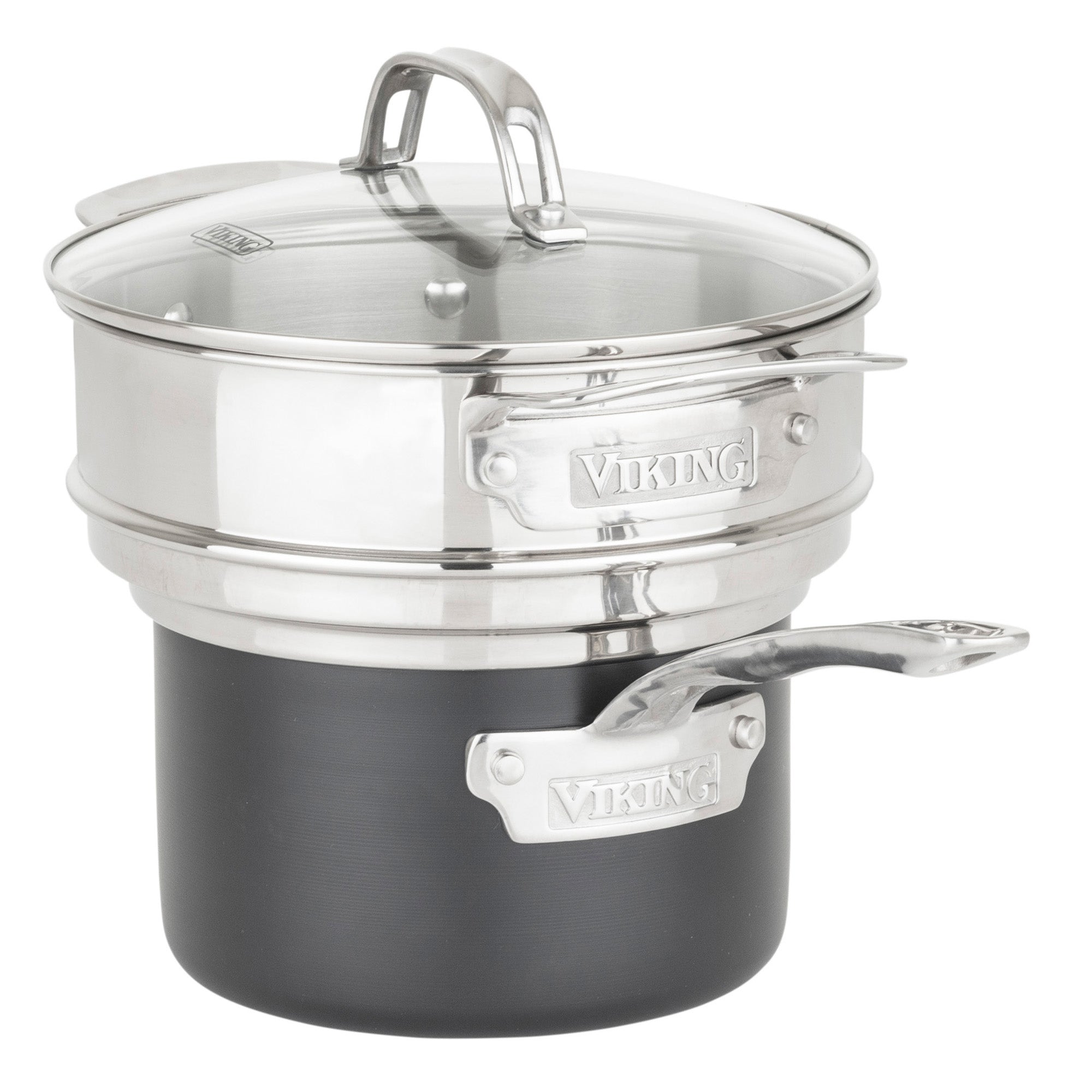 A black saucepan from the Viking Hard Anodized Ceramic Nonstick 12pc Cookware set by Viking Culinary Products includes a matching steamer insert and glass lid, with both pot and handles labeled VIKING for reliability.