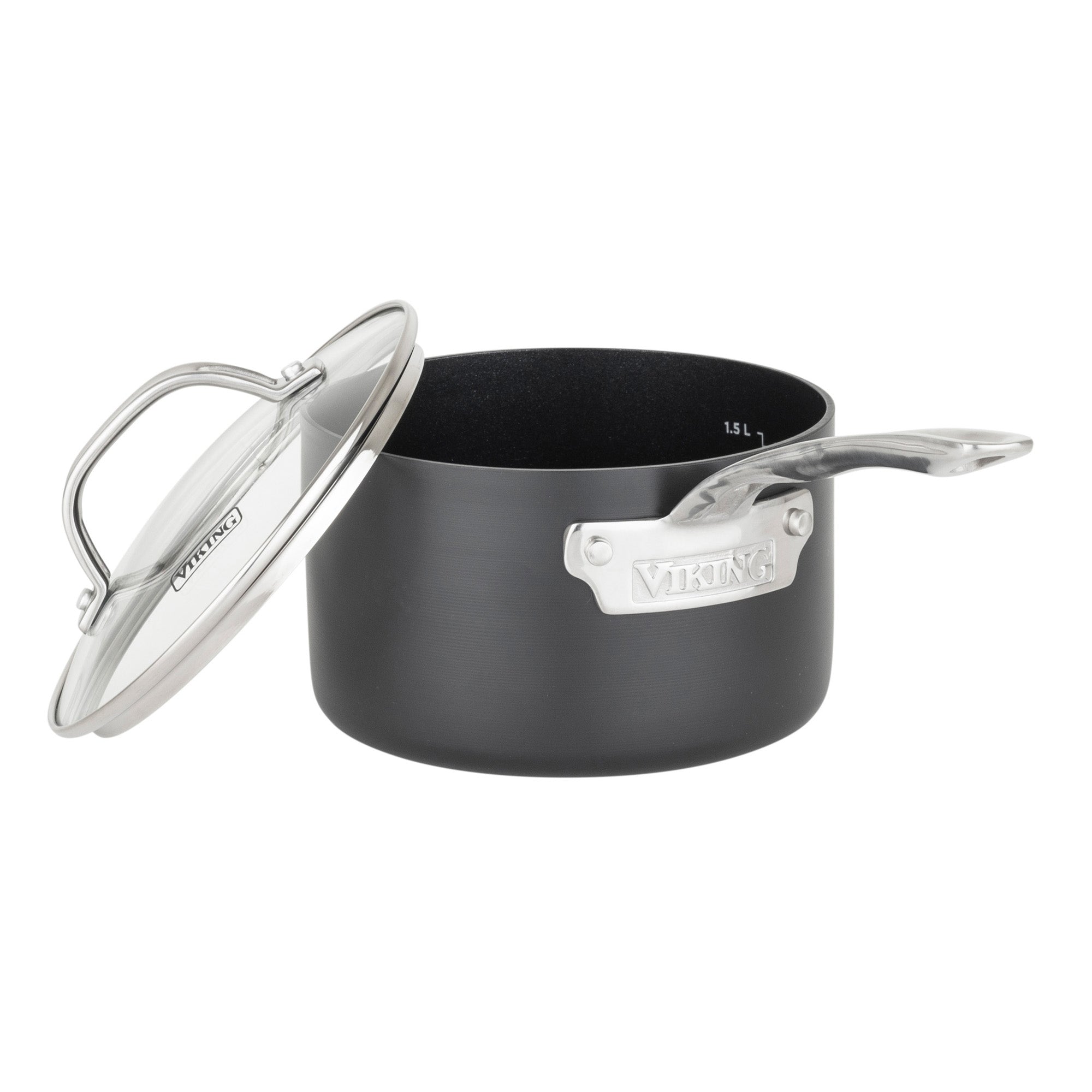 A Viking Culinary Products Hard Anodized Ceramic Nonstick saucepan from the 12pc set, PFAS free, features a black finish, long metal handle with engraved Viking name, matching lid, and nonstick coating.