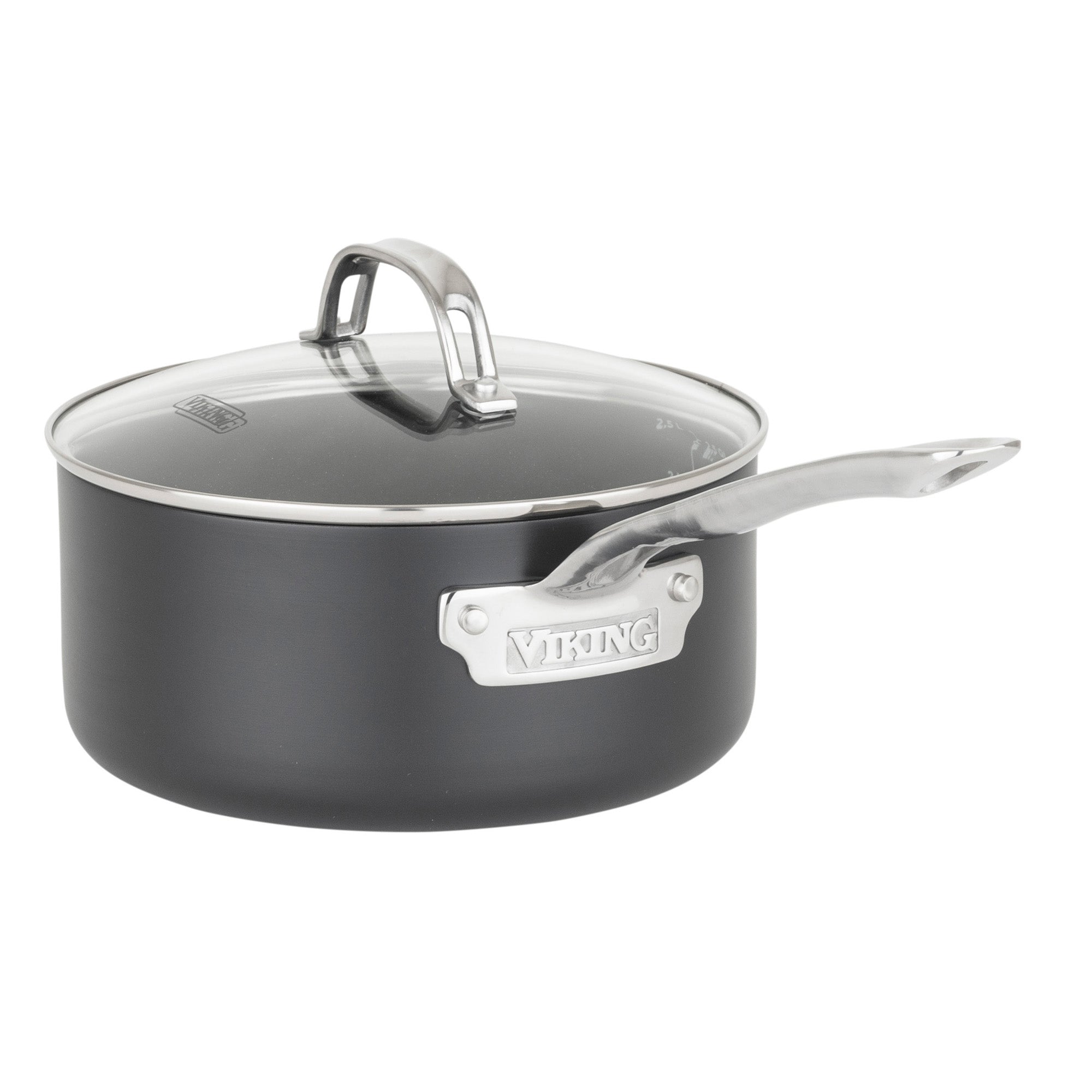 The Viking Hard Anodized Ceramic Nonstick 12pc Cookware Set by Viking Culinary Products features PFAS-free, black saucepans with long metal handles and clear glass lids for safe, easy cooking.