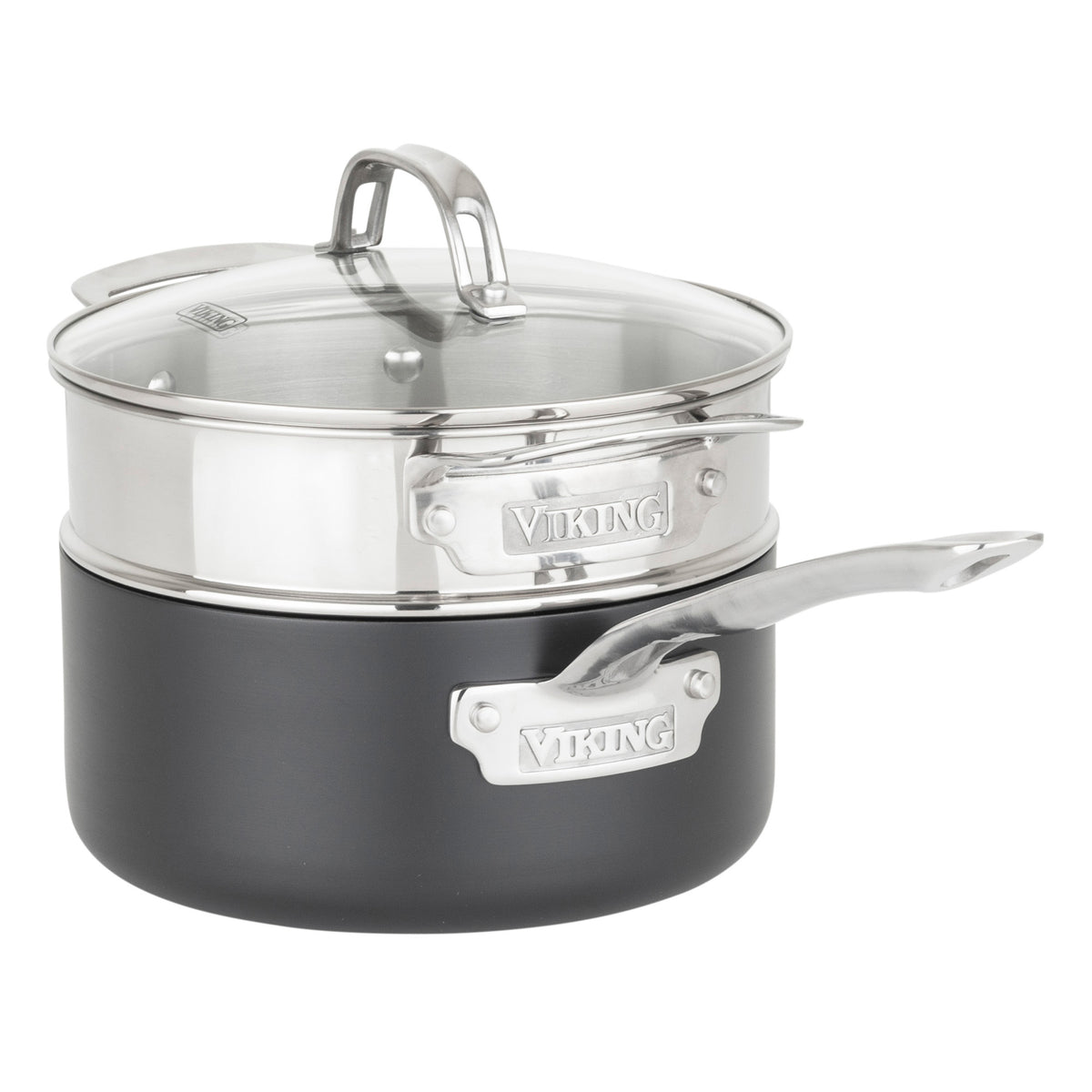 A Viking Culinary Products Hard Anodized Ceramic Nonstick double boiler, part of a 12pc set, features a black lower pot, silver upper insert, glass lid, and long handle—nameplates and finish match the Viking brand.