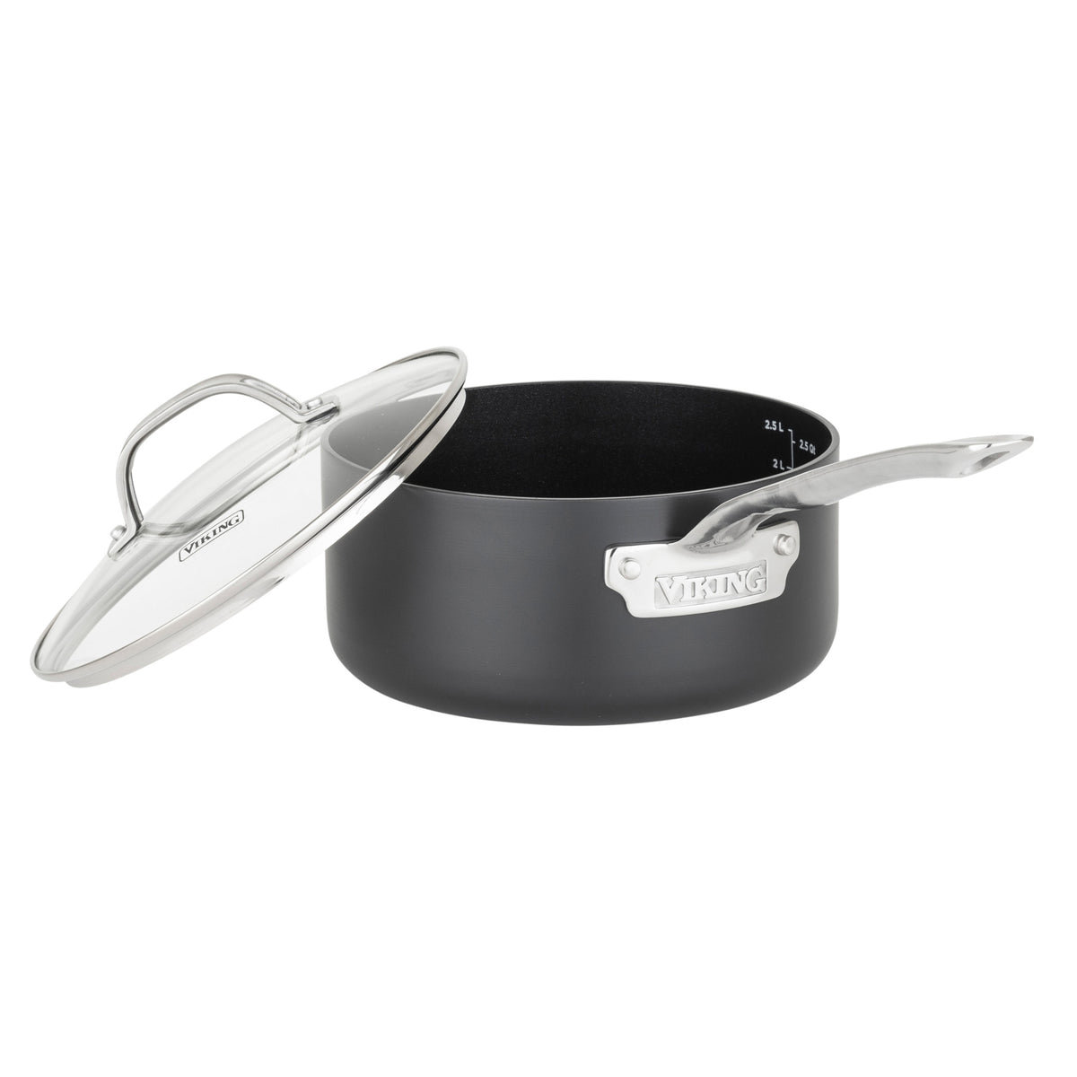 A black Viking Culinary Products Hard Anodized Ceramic Nonstick saucepan from the 12pc set, featuring a metal handle and matching glass lid, is shown partially open; PFAS free for safer cooking.