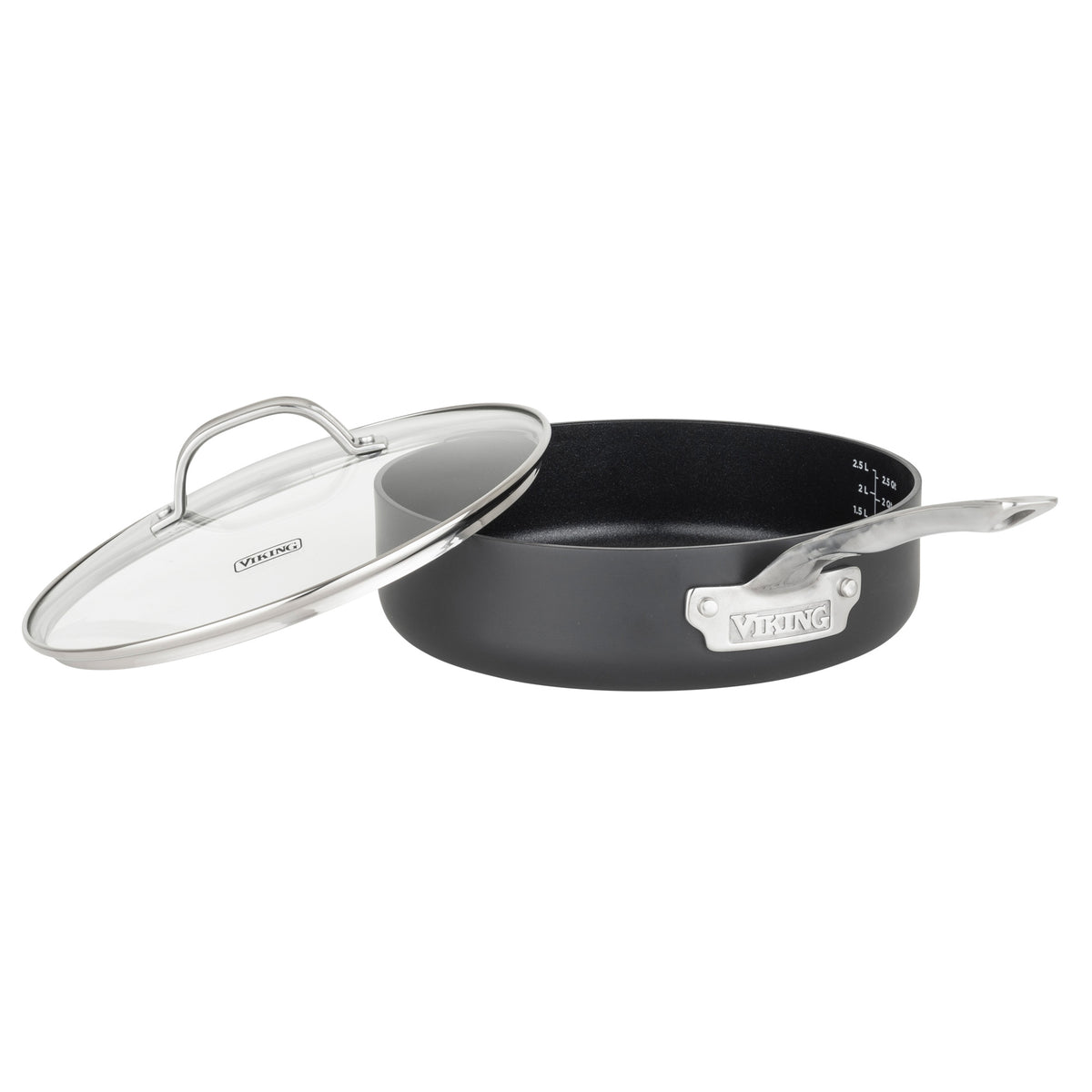The Viking Culinary Products Hard Anodized Ceramic Nonstick 12pc Cookware Set features PFAS-free sauté pans with glass lids, metal handles, interior measurement markings, and the Viking brand on both lid and pan. The lid rests angled and partially covers the pan.