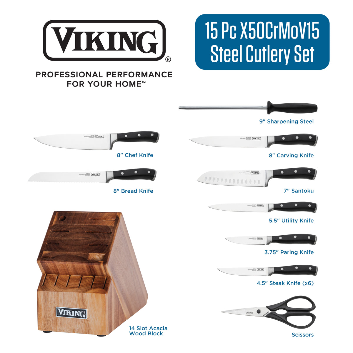 The Viking Culinary Products 15-Piece Stainless Steel Cutlery Set with Acacia Wood Block includes labeled chef's and steak knives, sharpening steel, scissors, and features a 14-slot wooden block.