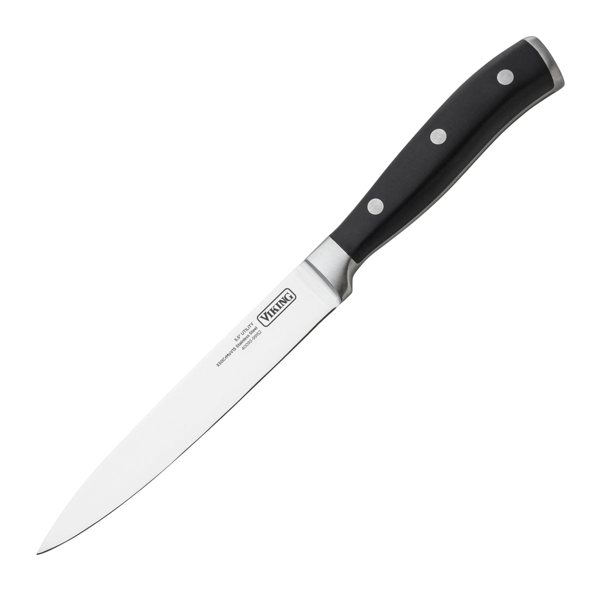 The Viking 15-Piece Stainless Steel Cutlery Set by Viking Culinary Products features chef's knives with black handles and silver rivets, shown on a white background—an essential for any premium kitchen.