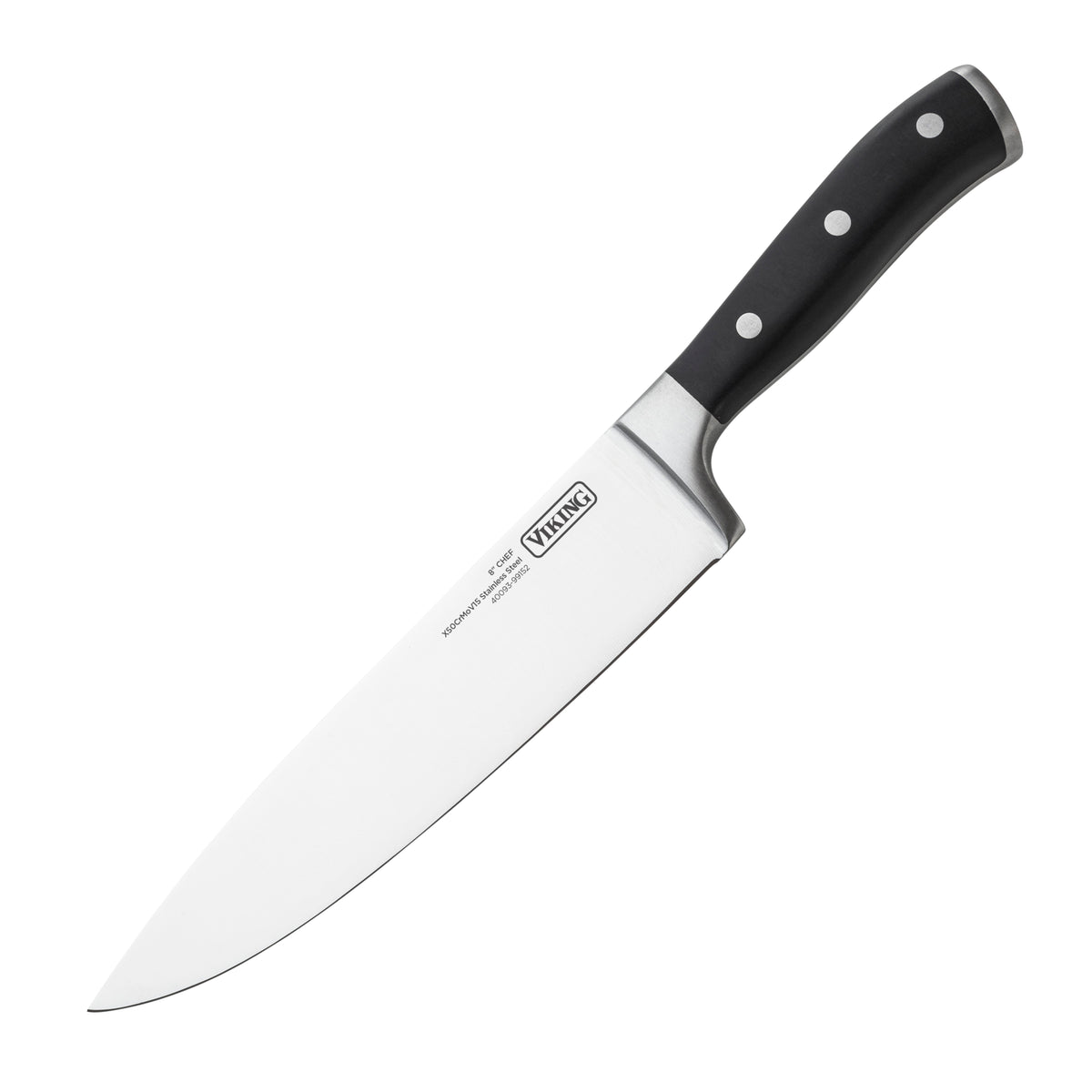 The Viking 15-Piece Stainless Steel Cutlery Set by Viking Culinary Products features a sleek chef’s knife with a shiny blade and triple-riveted black handle, displayed on a white background—an impressive addition to your kitchen.