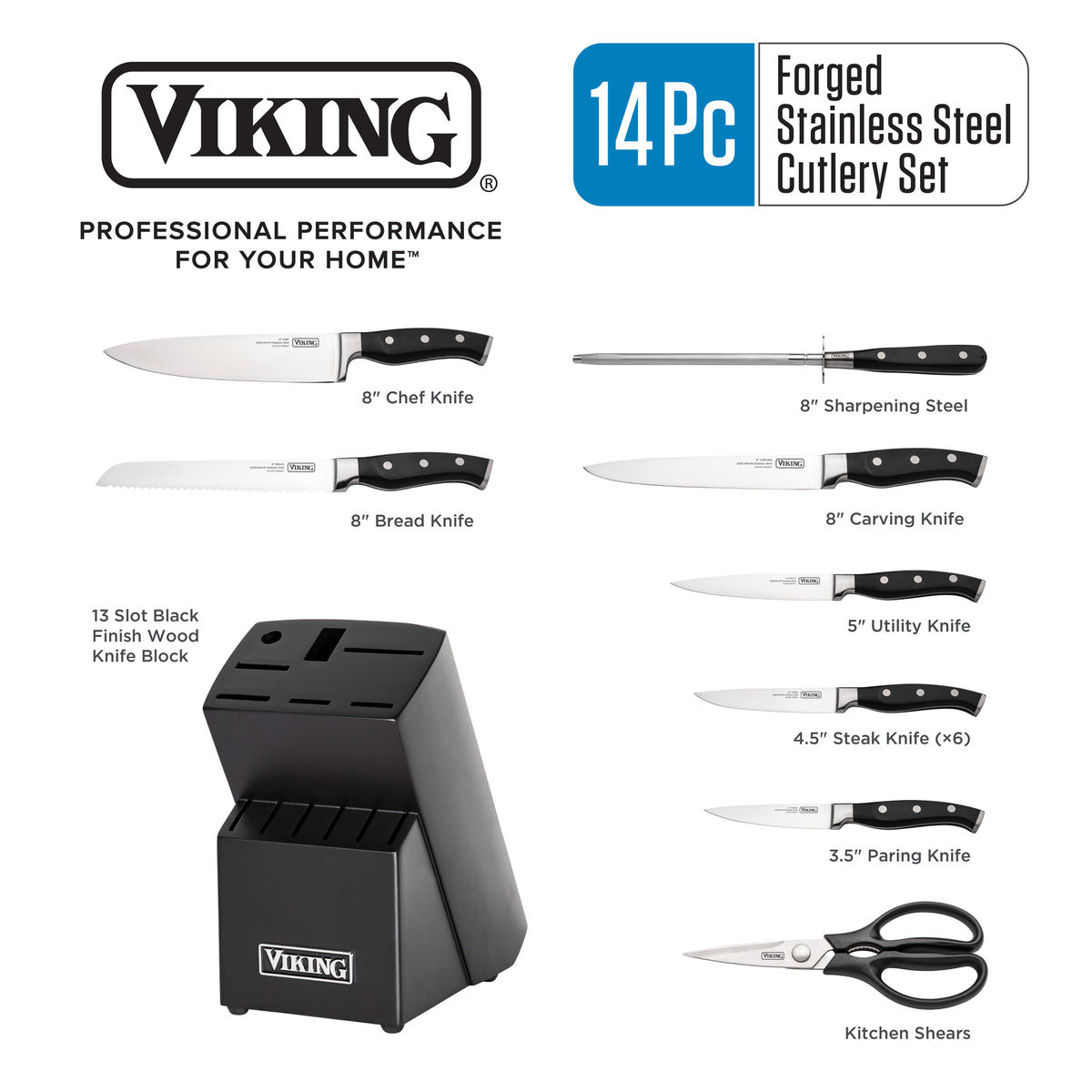 The Viking Culinary Products 14-Piece X50CrMoV15 Steel Cutlery Set includes chef, bread, carving, utility, steak, and paring knives, sharpening steel, kitchen shears, and a sleek black block with labeled slots.