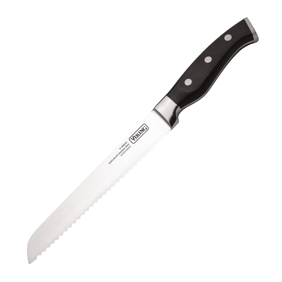 The Viking Culinary Products 14-Piece X50CrMoV15 Steel Cutlery Set includes a serrated bread knife with a black triple-riveted handle and silver blade, making it a reliable addition to your forged knives collection.
