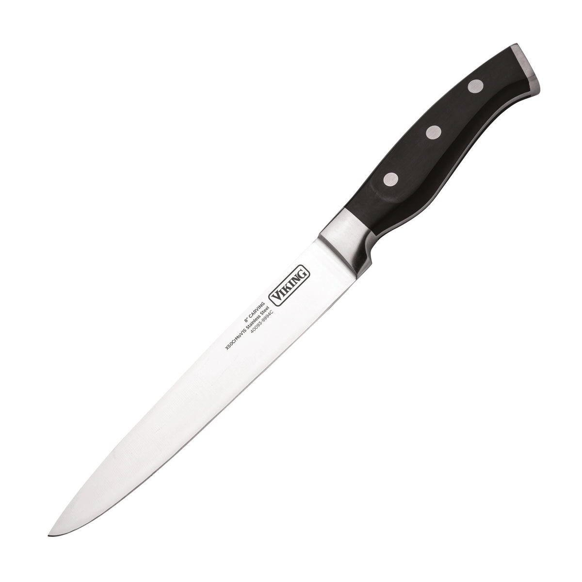 The Viking 14-Piece X50CrMoV15 Steel Cutlery Set by Viking Culinary Products features sharp, durable chef knives with black, triple-riveted handles, all displayed on a white background with a sleek black block.