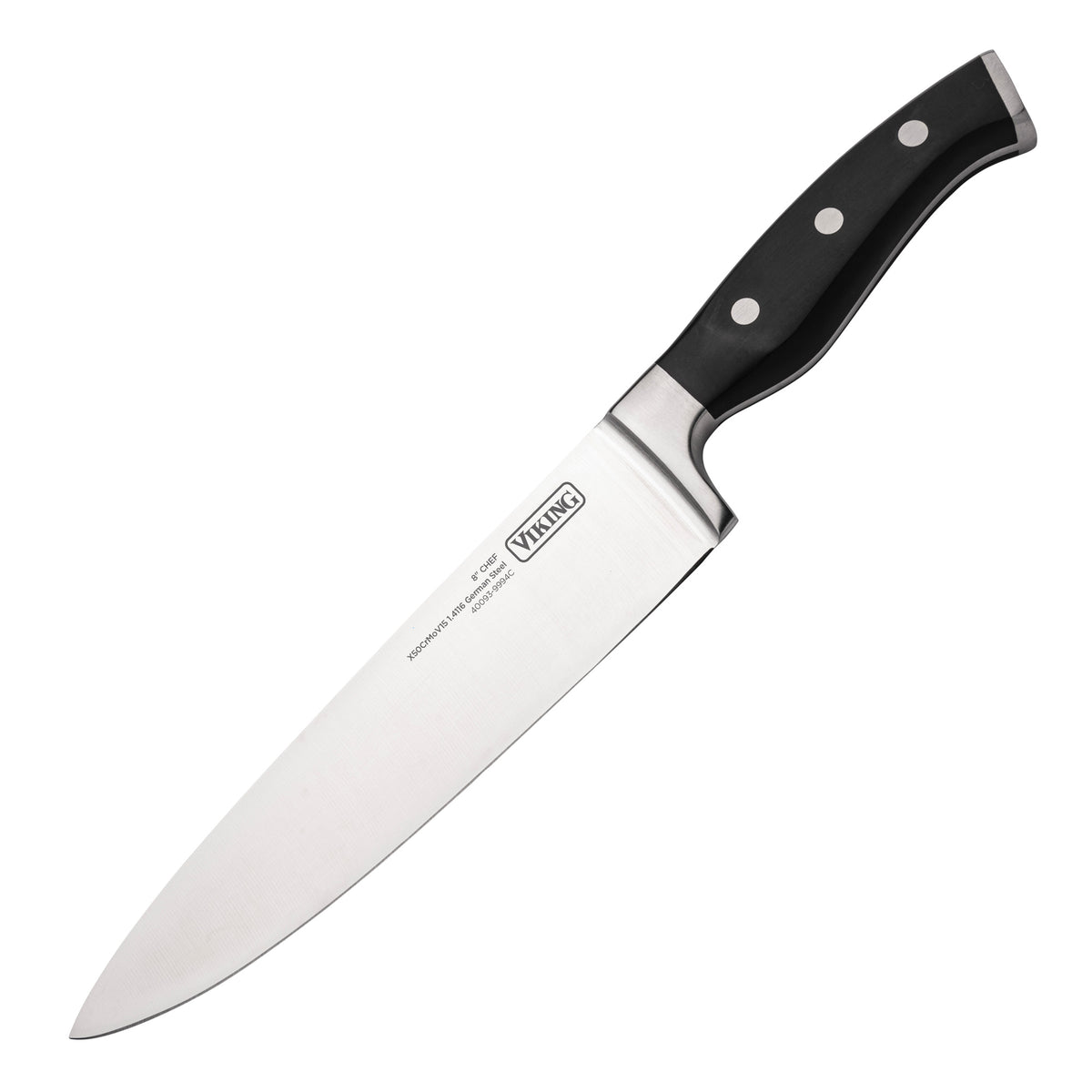 A stainless steel chef’s knife with a black handle featuring three metal rivets, angled slightly to the right on a white background.