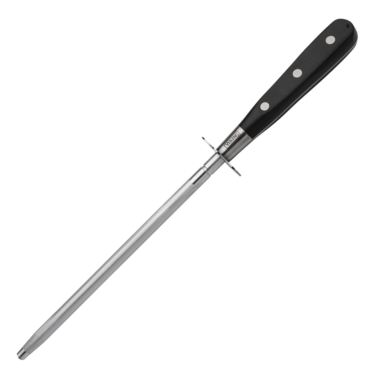 The Viking 14-Piece X50CrMoV15 Steel Cutlery Set by Viking Culinary Products includes a metal honing steel with a triple-riveted black handle, ideal for sharpening or realigning forged knives or your favorite chef knife.
