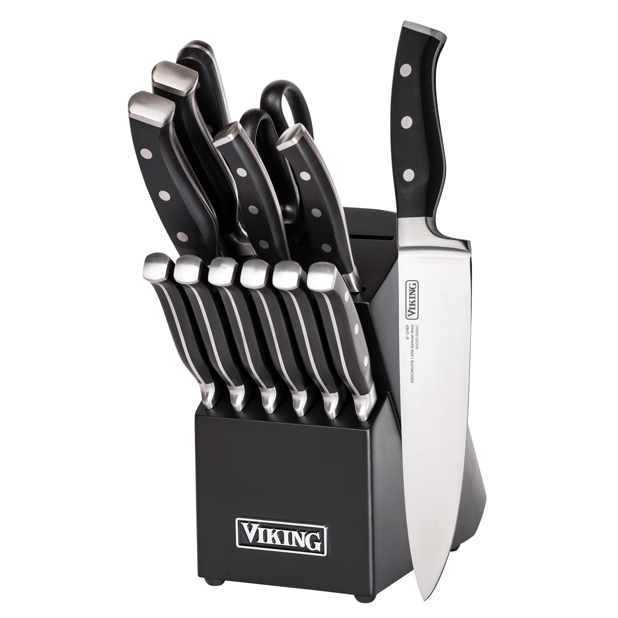 A set of black-handled kitchen knives and scissors in a black knife block labeled Viking, with one large chefs knife pulled out and positioned to the right.
