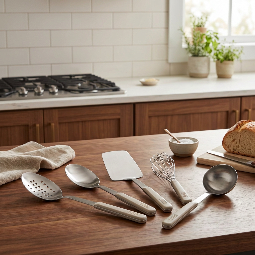 A Viking ABS Handle 5pc Tool Set, Nantucket, including a slotted spoon, solid spoon, spatula, whisk, and ladle with light-colored handles laid out on a wooden countertop.